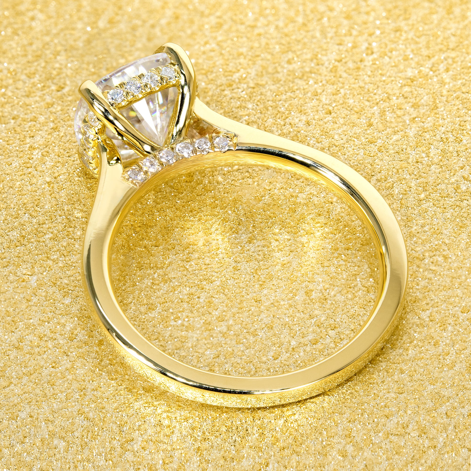 14K Gold Classic 2ct Cushion-cut Cathedral Hidden Halo Moissanite and Diamond Engagement Ring | Earthena Jewelry