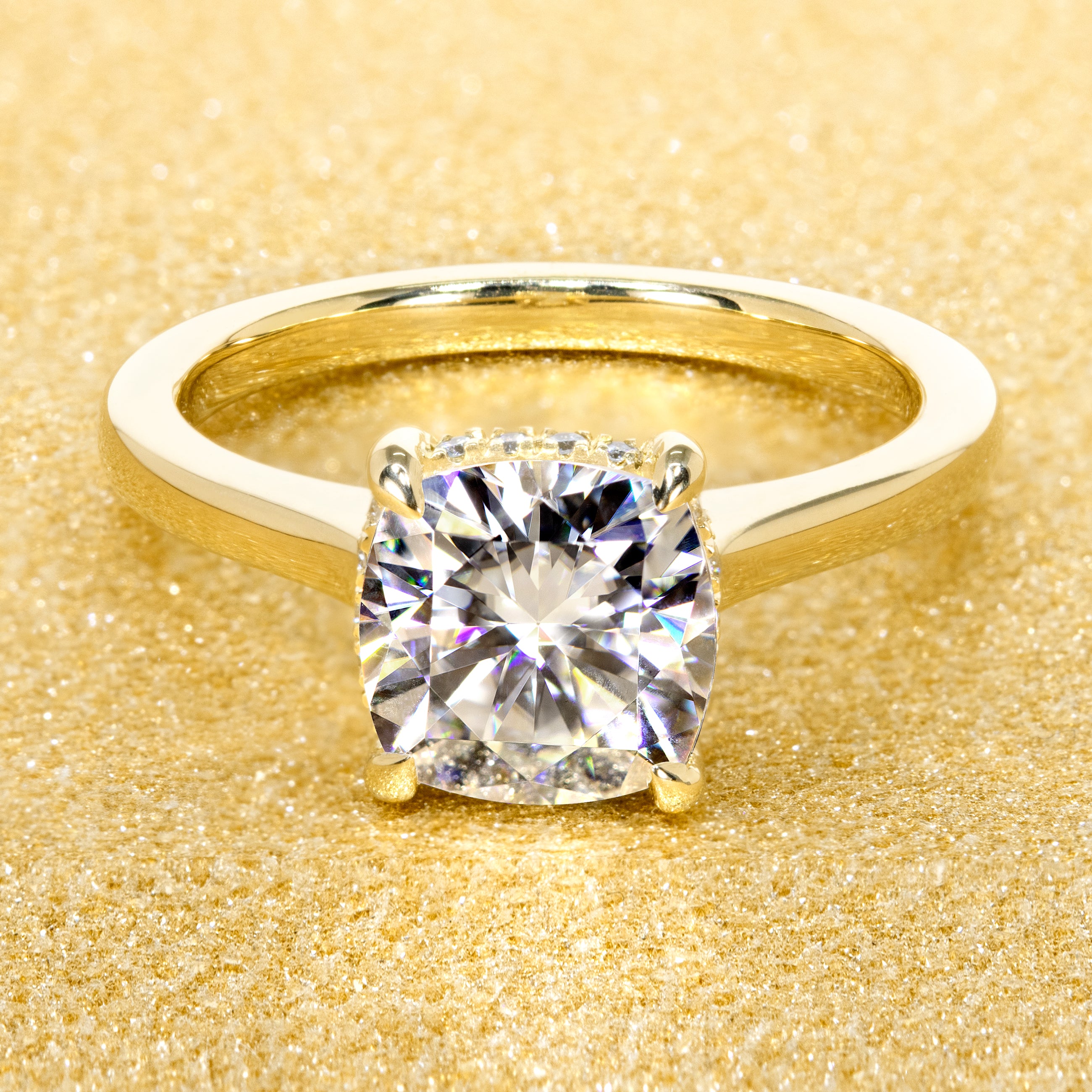 Classic 2ct Cushion-cut Moissanite Cathedral Hidden Halo Moissanite and Diamond Engagement Ring | Earthena Jewelry