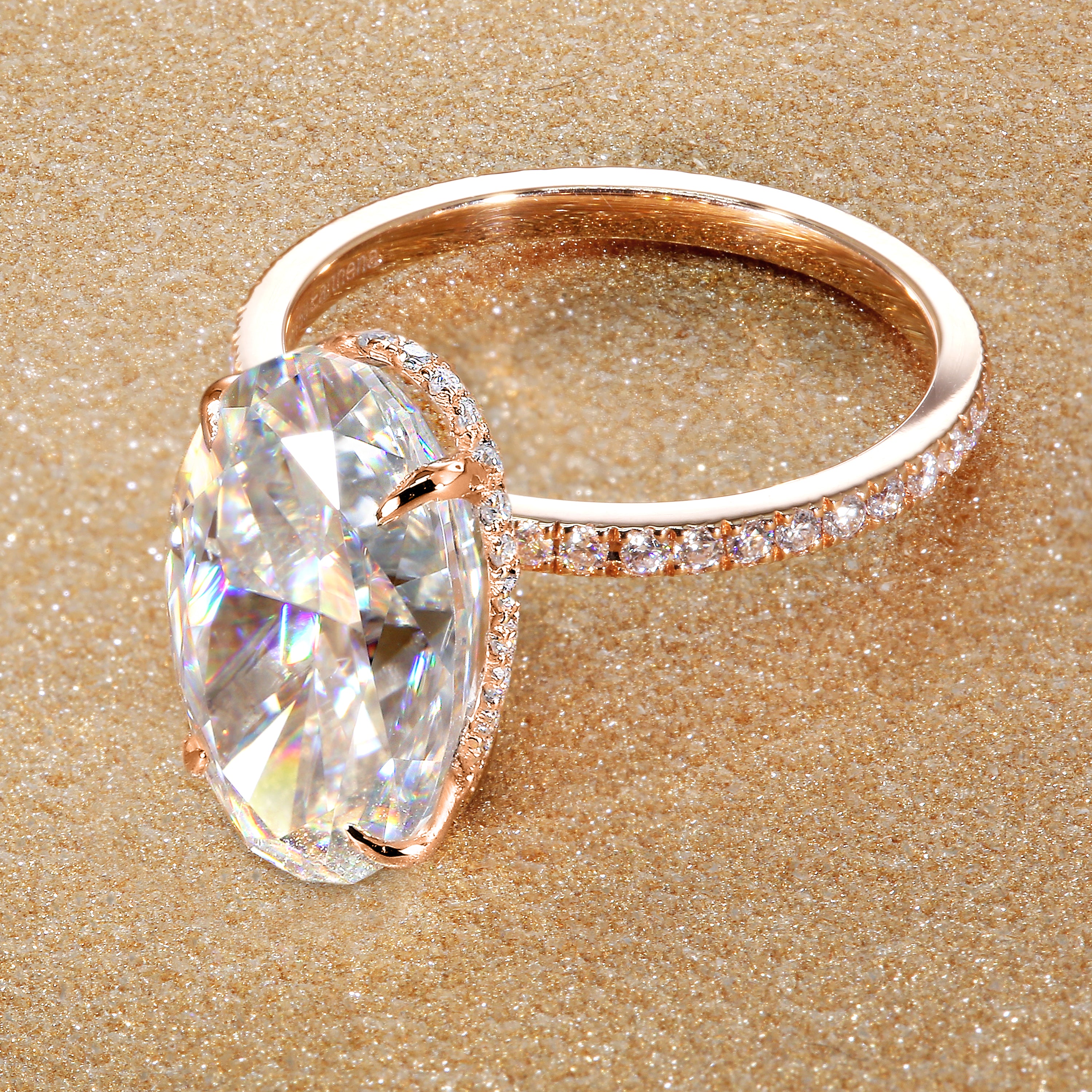 18K Gold Classic and Trendy 7ct Elongated Oval-cut Hidden Eternity Halo Moissanite and Diamond Engagement Ring | Earthena Jewelry