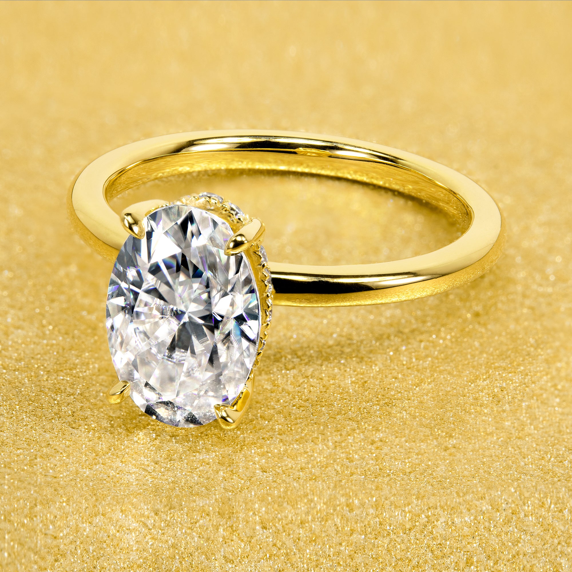 2ct Elongated Oval-cut Moissanite and lab-grown diamond Hidden Halo Solitaire Engagement Ring in 14K Gold, 18K Gold, or Platinum by Earthena Jewelry of Beverly Hills