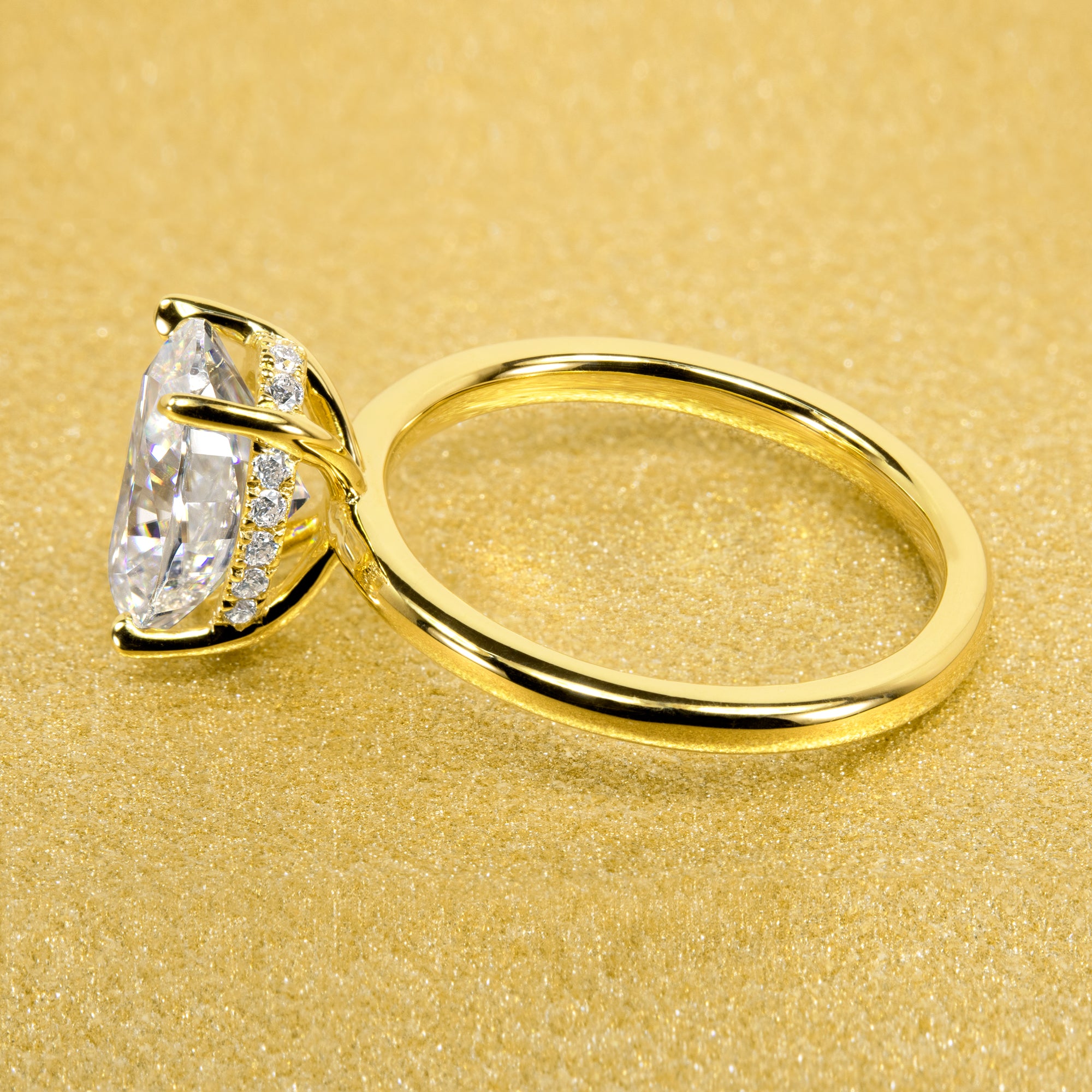 2ct Elongated Oval-cut Moissanite and lab-grown diamond Hidden Halo Solitaire Engagement Ring in 14K Gold, 18K Gold, or Platinum by Earthena Jewelry of Beverly Hills