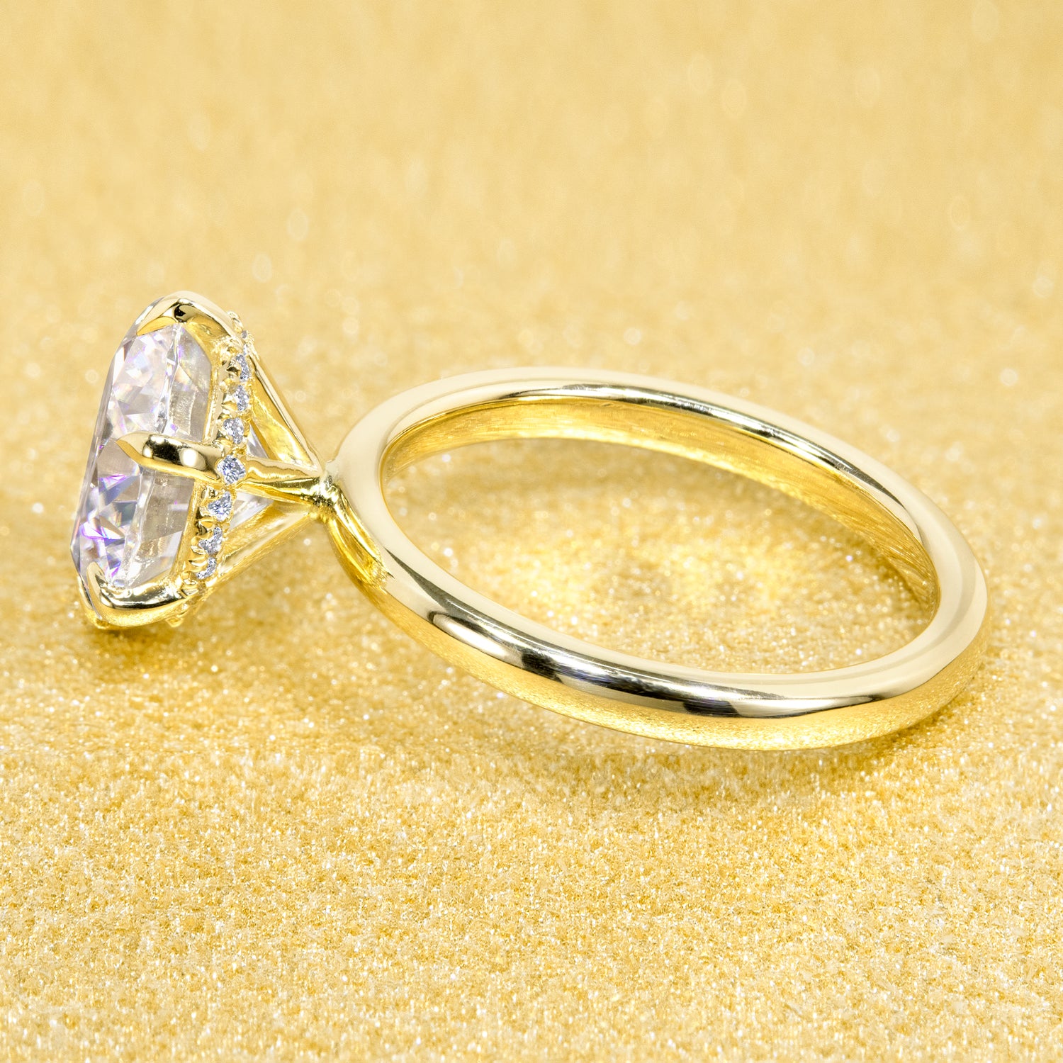 The Adara 3ct Round Brilliant-cut Moissanite Hidden Eternity Halo Engagement Ring is a classic solitaire look with an elegant twist complemented by Lab Diamonds handcrafted in 14K Gold, 18K Gold, or Platinum by Earthena Jewelry of Beverly Hills.