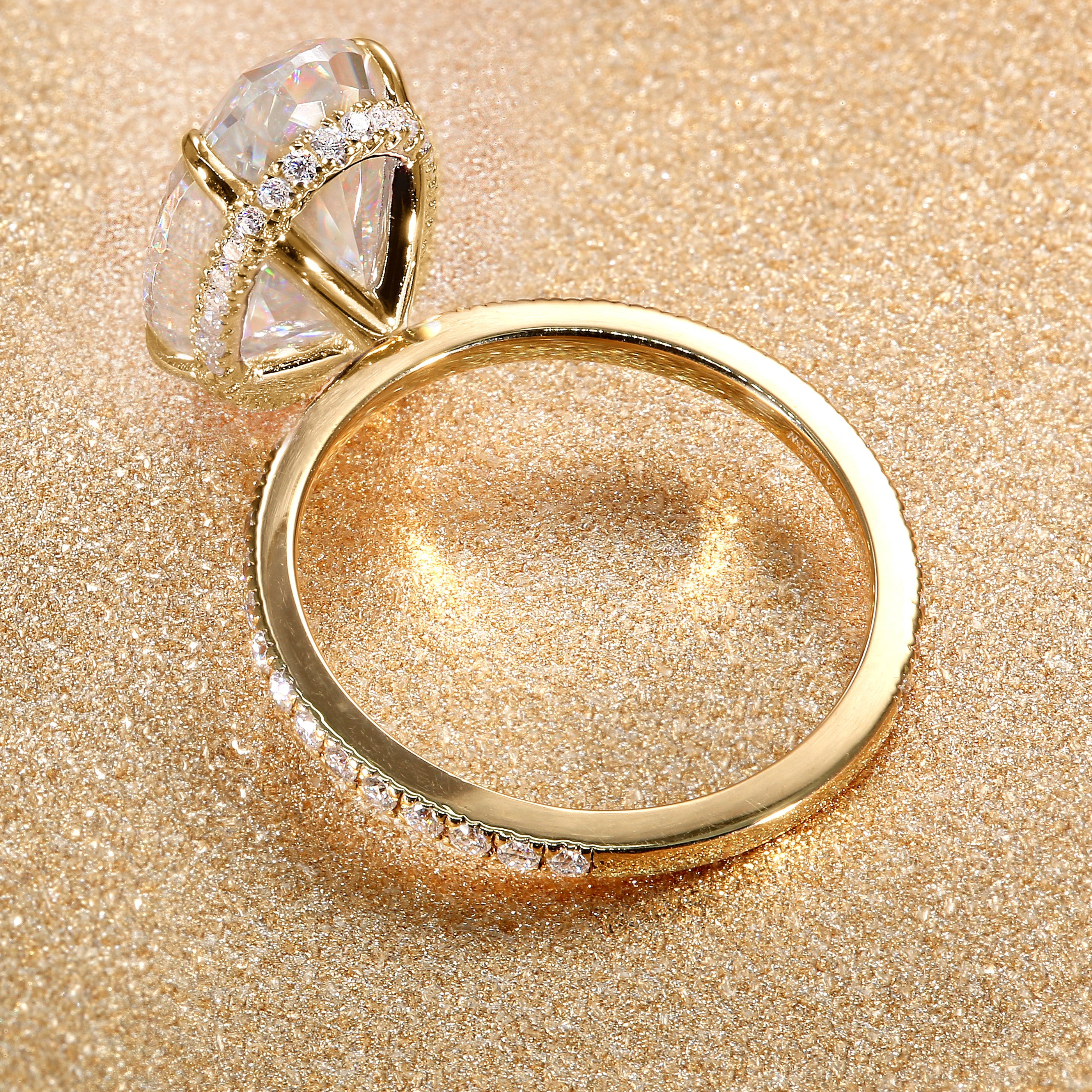 18K Gold Classic and Trendy 7ct Elongated Oval-cut Hidden Eternity Halo Moissanite and Diamond Engagement Ring | Earthena Jewelry