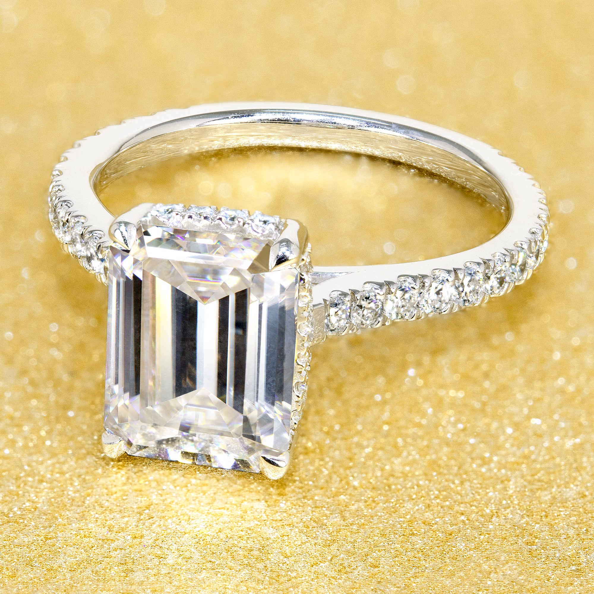 14K Gold 2.5ct Emerald-cut Cathedral Hidden Halo Moissanite and Diamond Engagement Ring | Earthena Jewelry