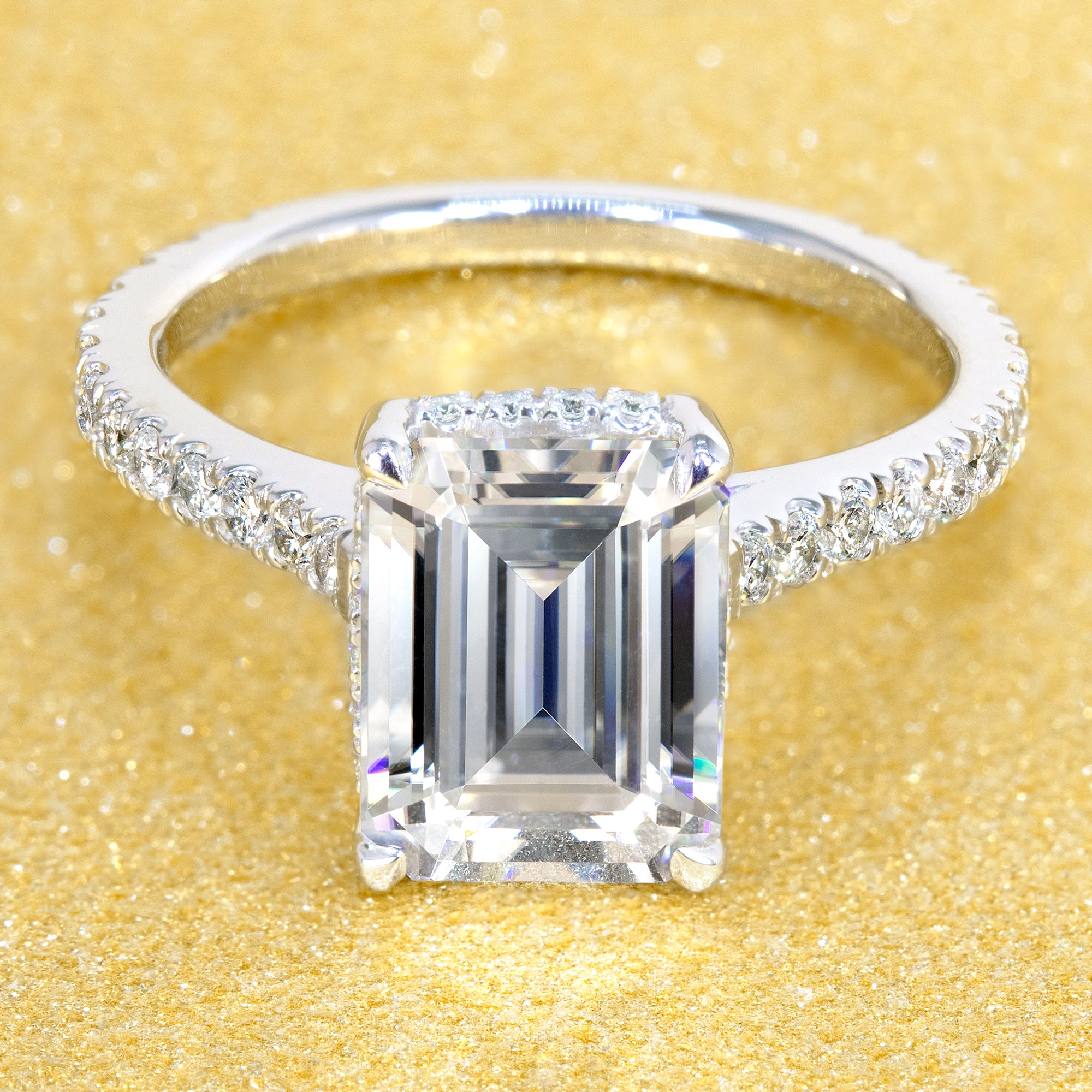 14K Gold 2.5ct Emerald-cut Cathedral Hidden Halo Moissanite and Diamond Engagement Ring | Earthena Jewelry