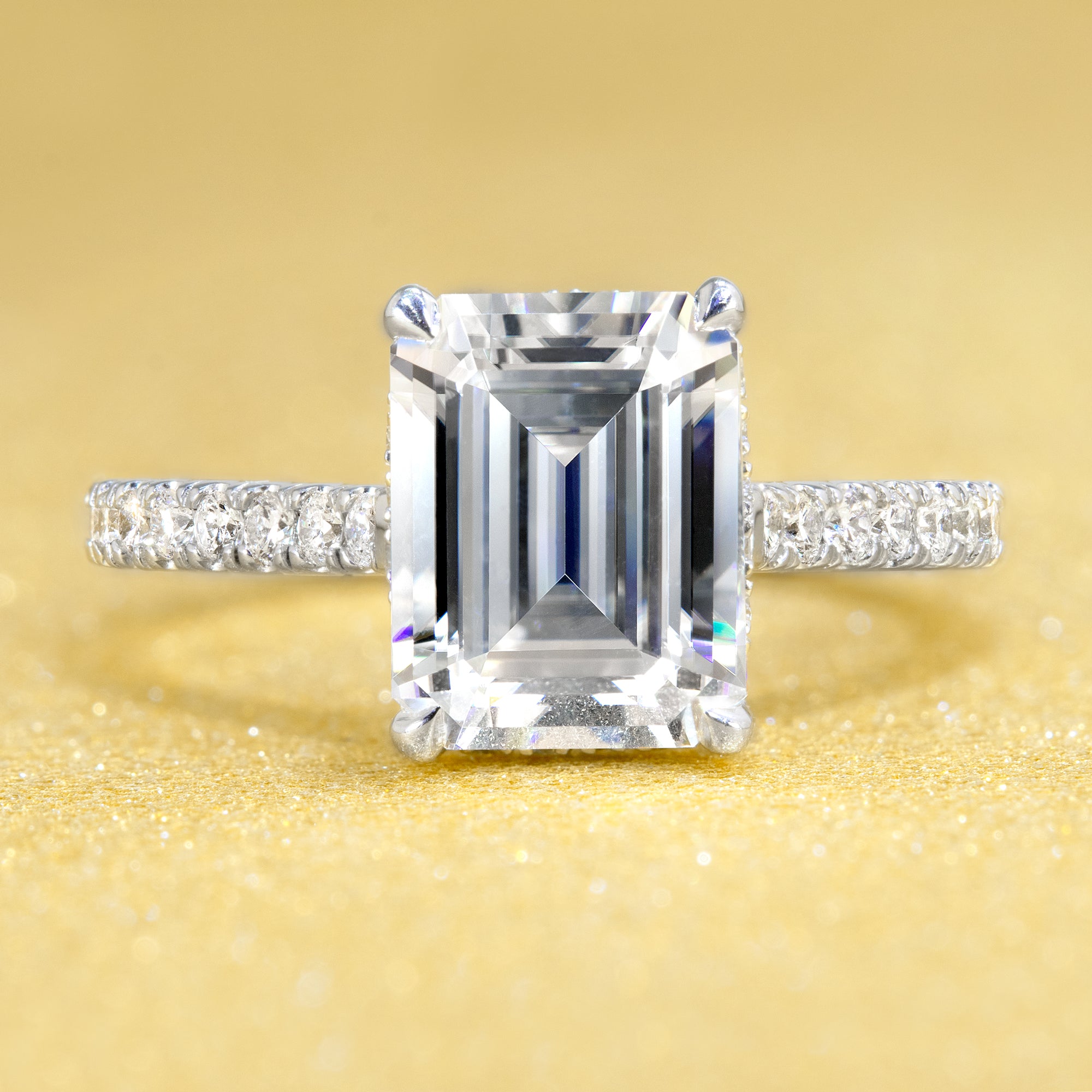 14K Gold 2.5ct Emerald-cut Cathedral Hidden Halo Moissanite and Diamond Engagement Ring | Earthena Jewelry