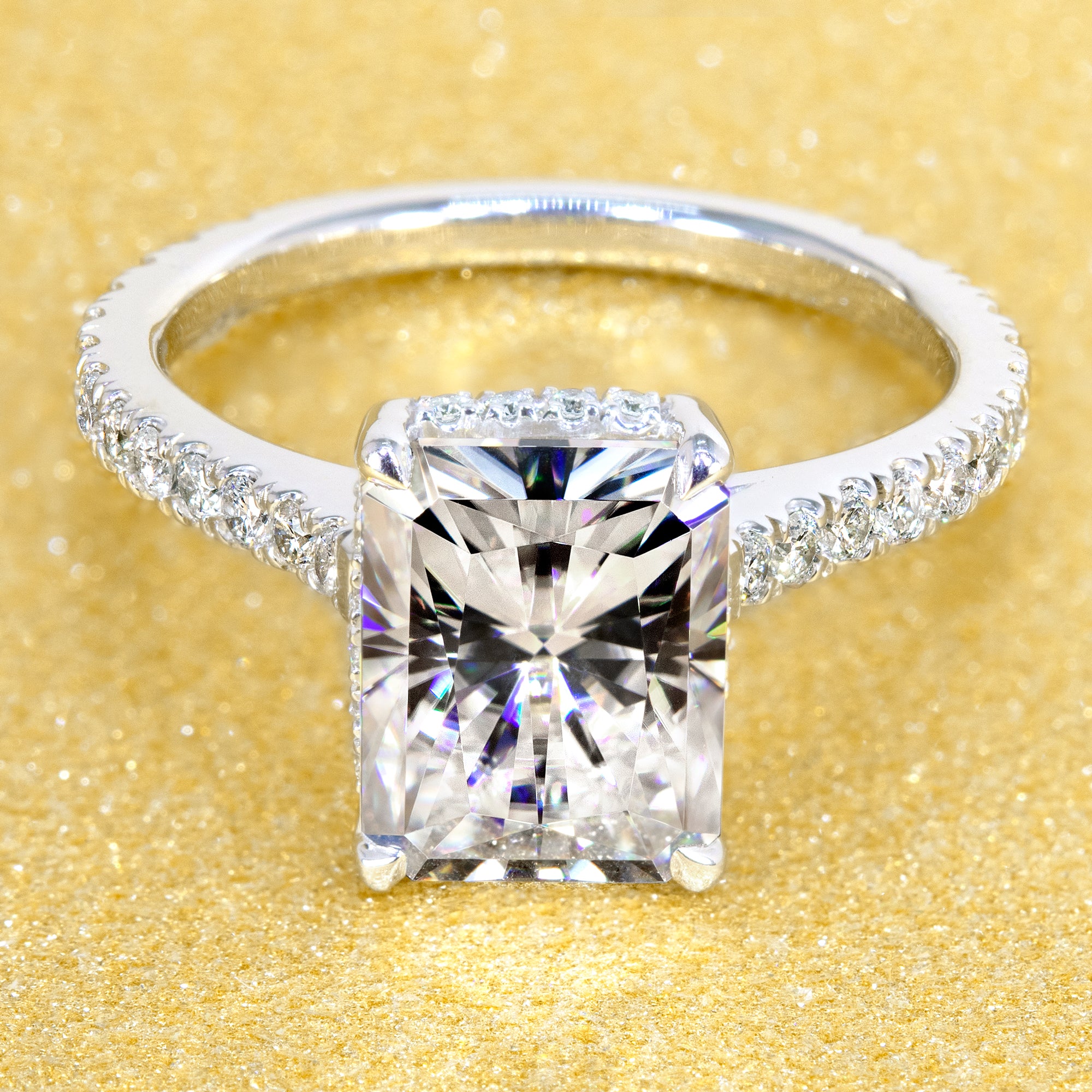 14K Gold 2.7ct Radiant-cut Cathedral Hidden Halo Moissanite and Diamond Engagement Ring | Earthena Jewelry