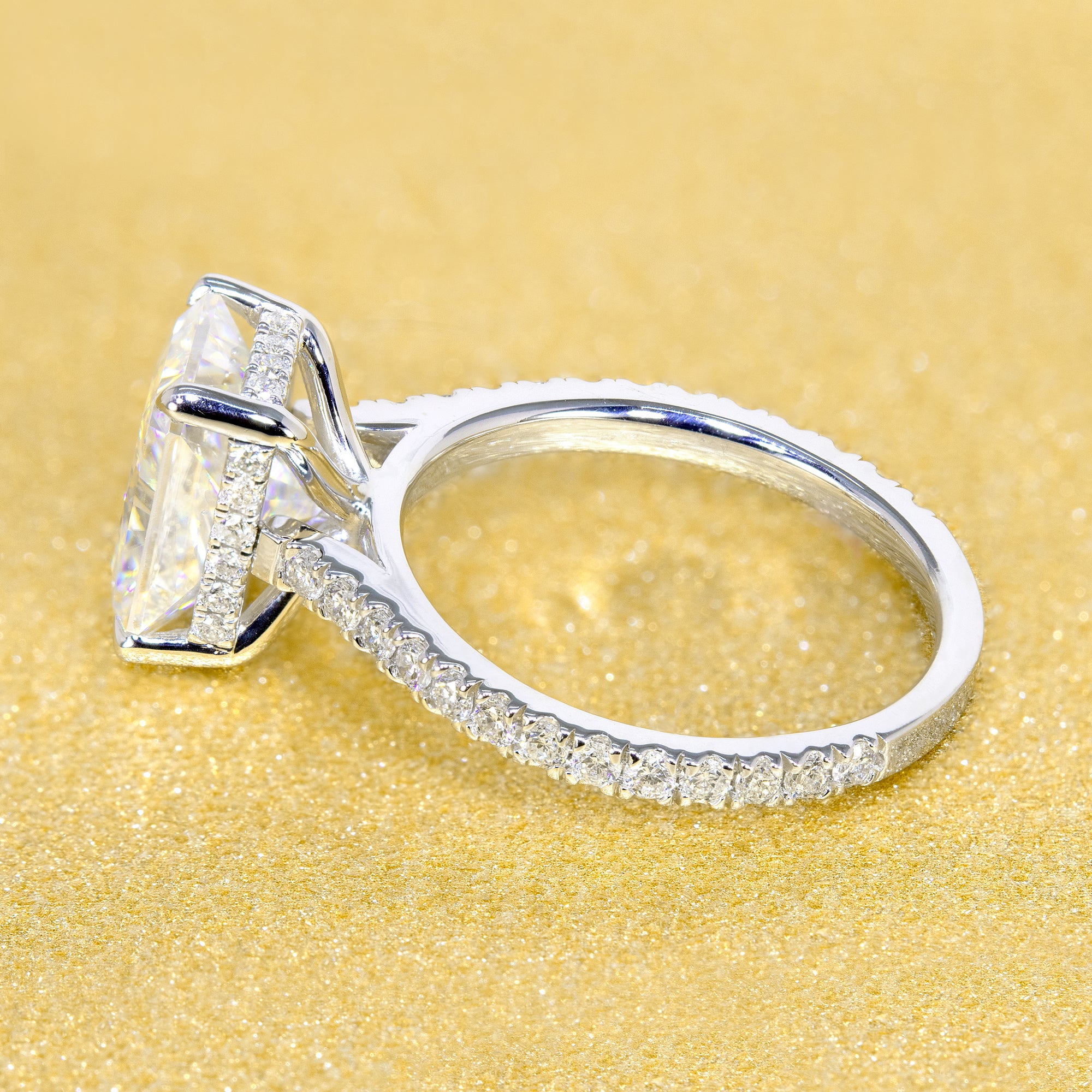 14K Gold 2.7ct Radiant-cut Cathedral Hidden Halo Moissanite and Diamond Engagement Ring | Earthena Jewelry