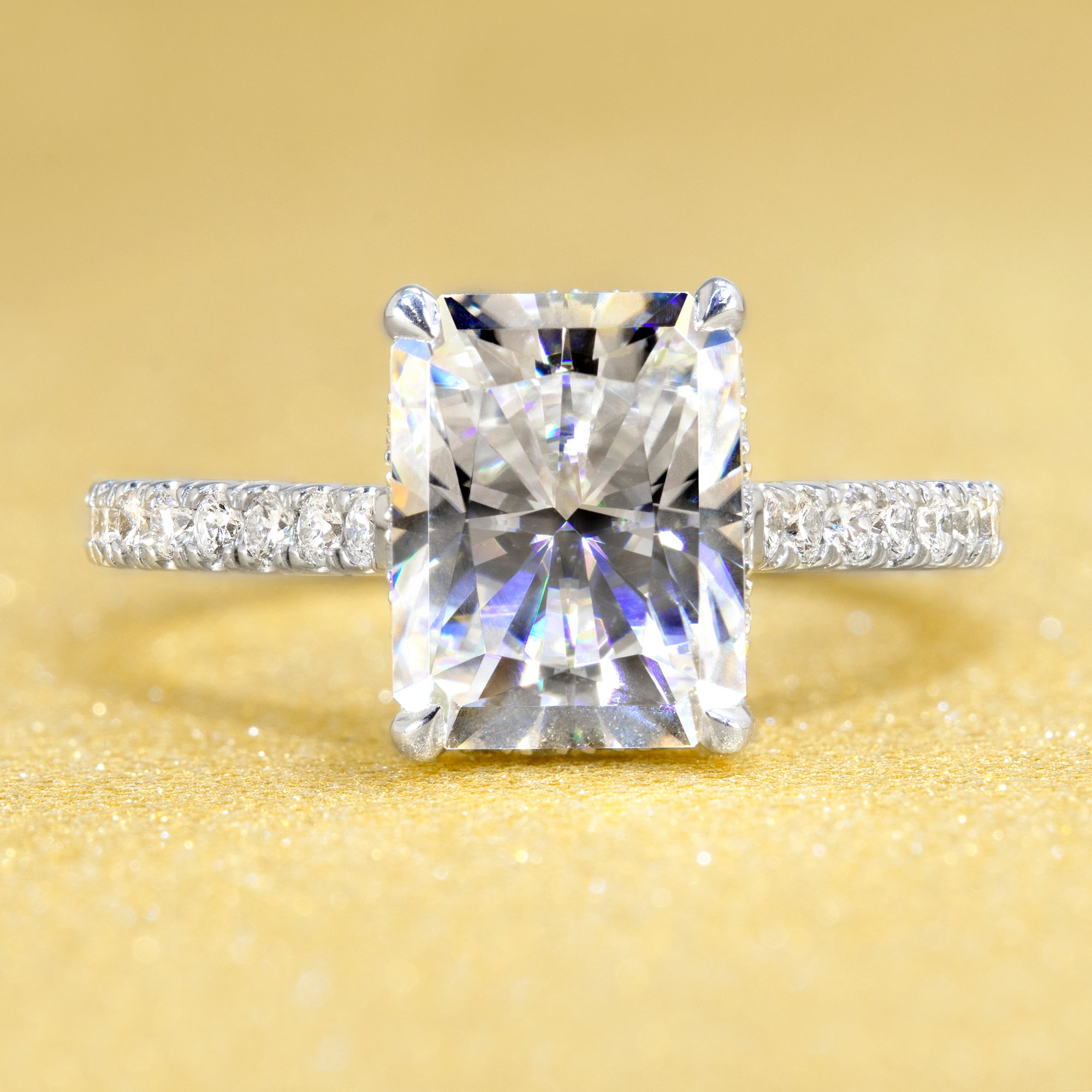 14K Gold 2.7ct Radiant-cut Cathedral Hidden Halo Moissanite and Diamond Engagement Ring | Earthena Jewelry