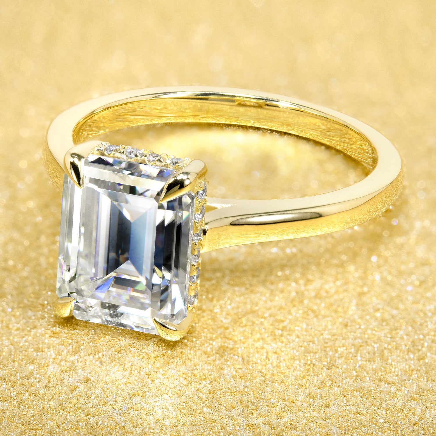 Classic 2.5ct Emerald-cut Moissanite Cathedral Hidden Halo Moissanite and Diamond Engagement Ring | Earthena Jewelry