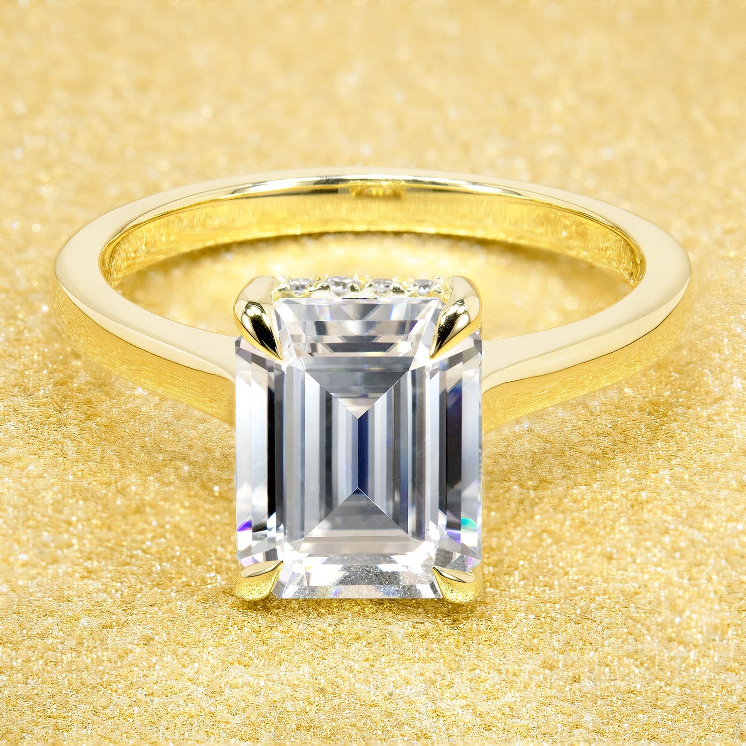 Classic 2.5ct Emerald-cut Moissanite Cathedral Hidden Halo Moissanite and Diamond Engagement Ring | Earthena Jewelry