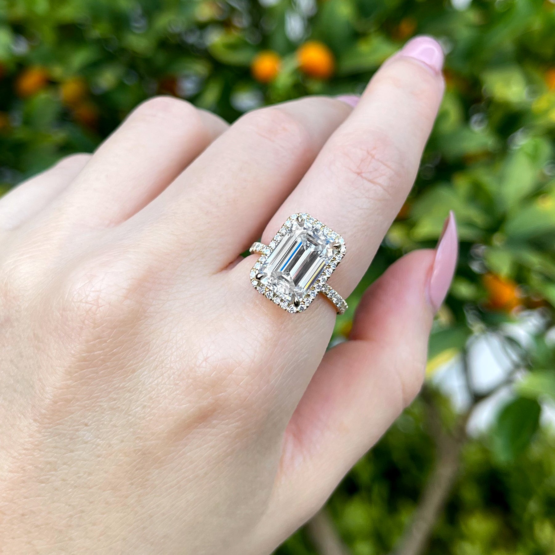 14K Gold Classic 5.5ct Elongated Emerald-cut Halo Moissanite and Diamond Engagement Ring | Earthena Jewelry