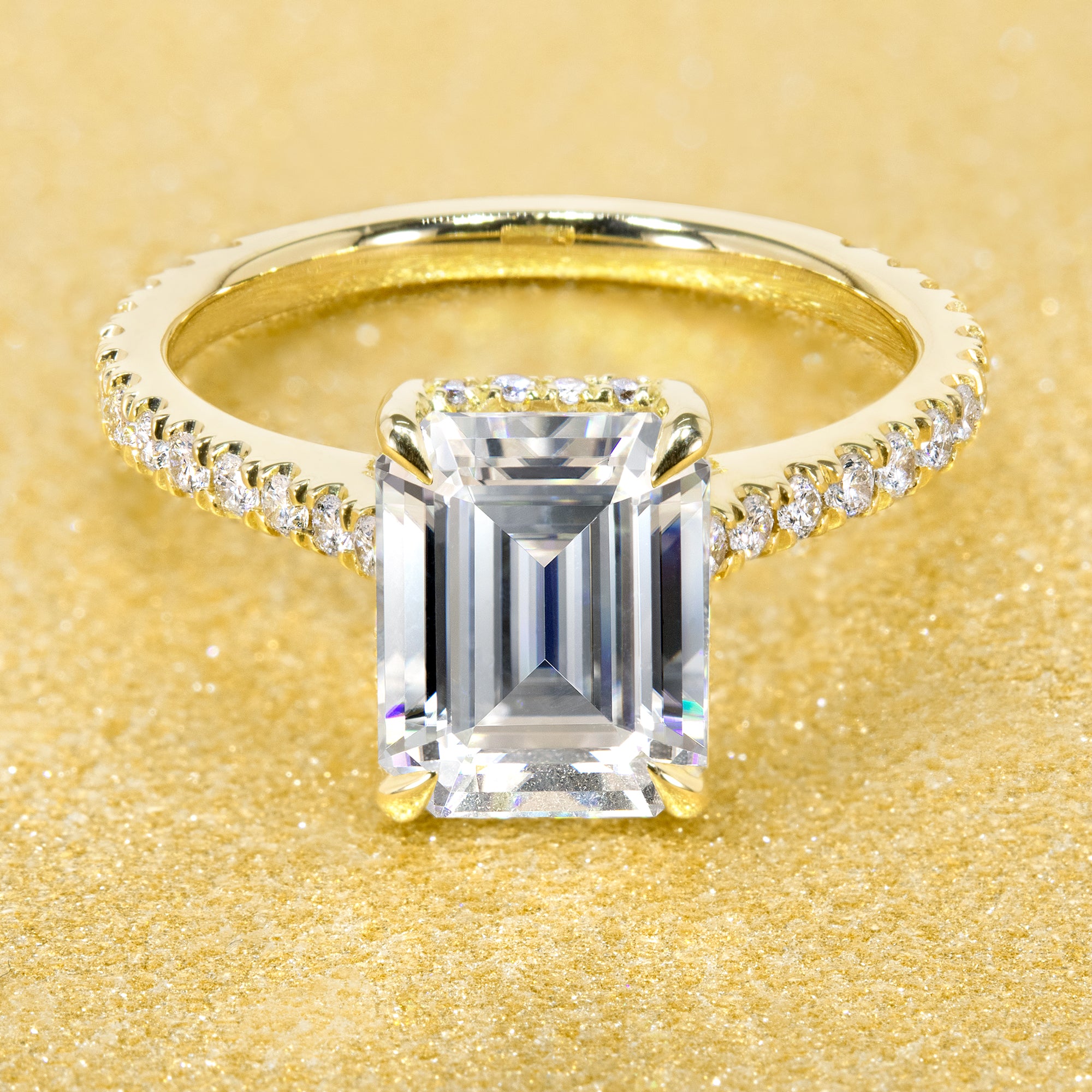 14K Gold 2.5ct Emerald-cut Cathedral Hidden Halo Moissanite and Diamond Engagement Ring | Earthena Jewelry
