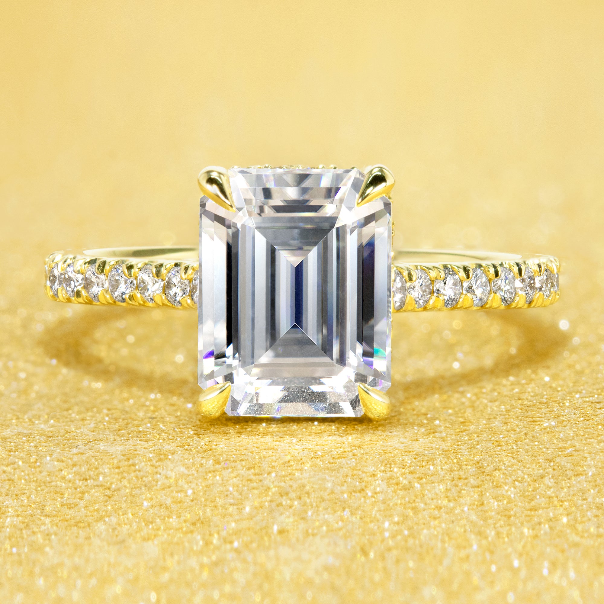 14K Gold 2.5ct Emerald-cut Cathedral Hidden Halo Moissanite and Diamond Engagement Ring | Earthena Jewelry