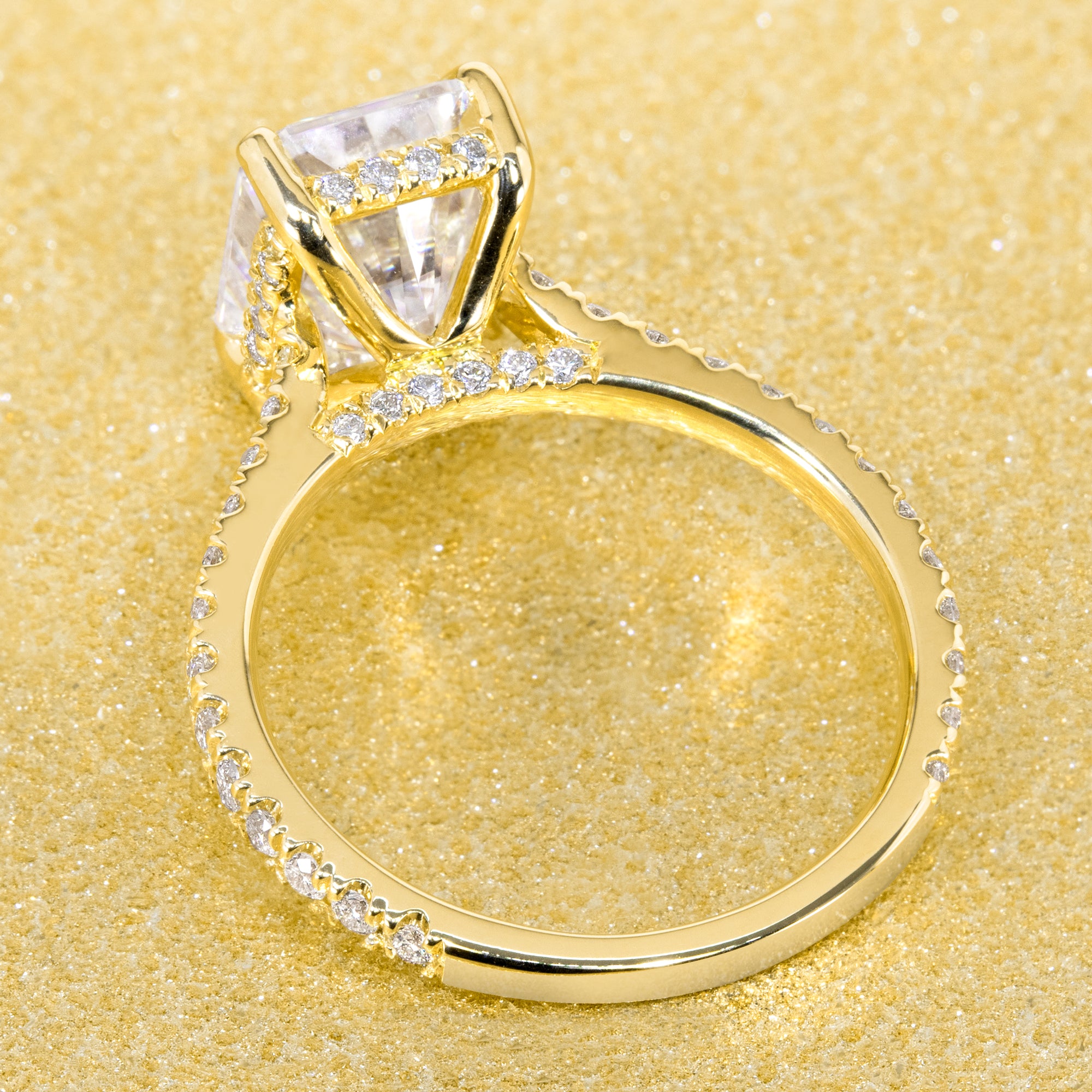 14K Gold 2.5ct Emerald-cut Cathedral Hidden Halo Moissanite and Diamond Engagement Ring | Earthena Jewelry