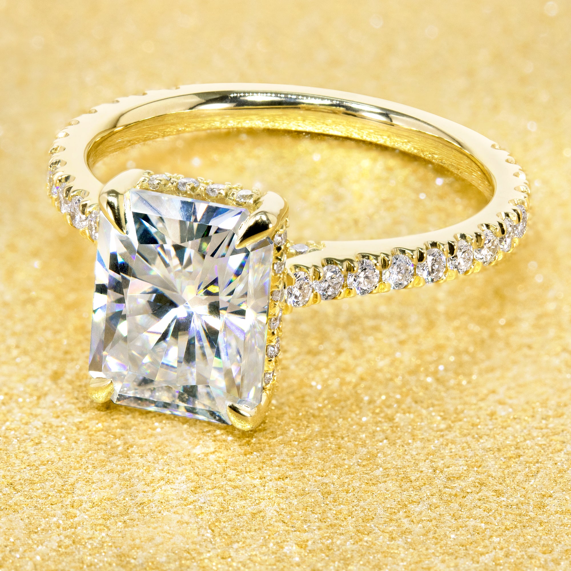 Classic Emilia 2.7ct Radiant-cut Moissanite Hidden Halo Diamond Bridge Cathedral Style Engagement ring in 14K Gold, 18K Gold, or Platinum handcrafted in Beverly Hills by Earthena Jewelry.