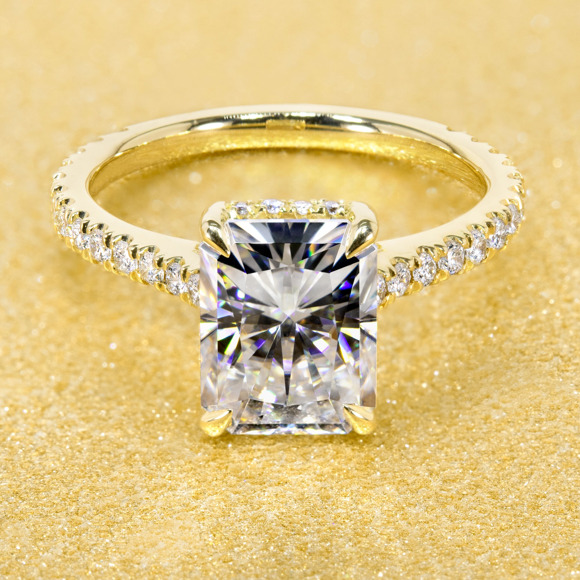 Classic Emilia 2.7ct Radiant-cut Moissanite Hidden Halo Diamond Bridge Cathedral Style Engagement ring in 14K Gold, 18K Gold, or Platinum handcrafted in Beverly Hills by Earthena Jewelry.