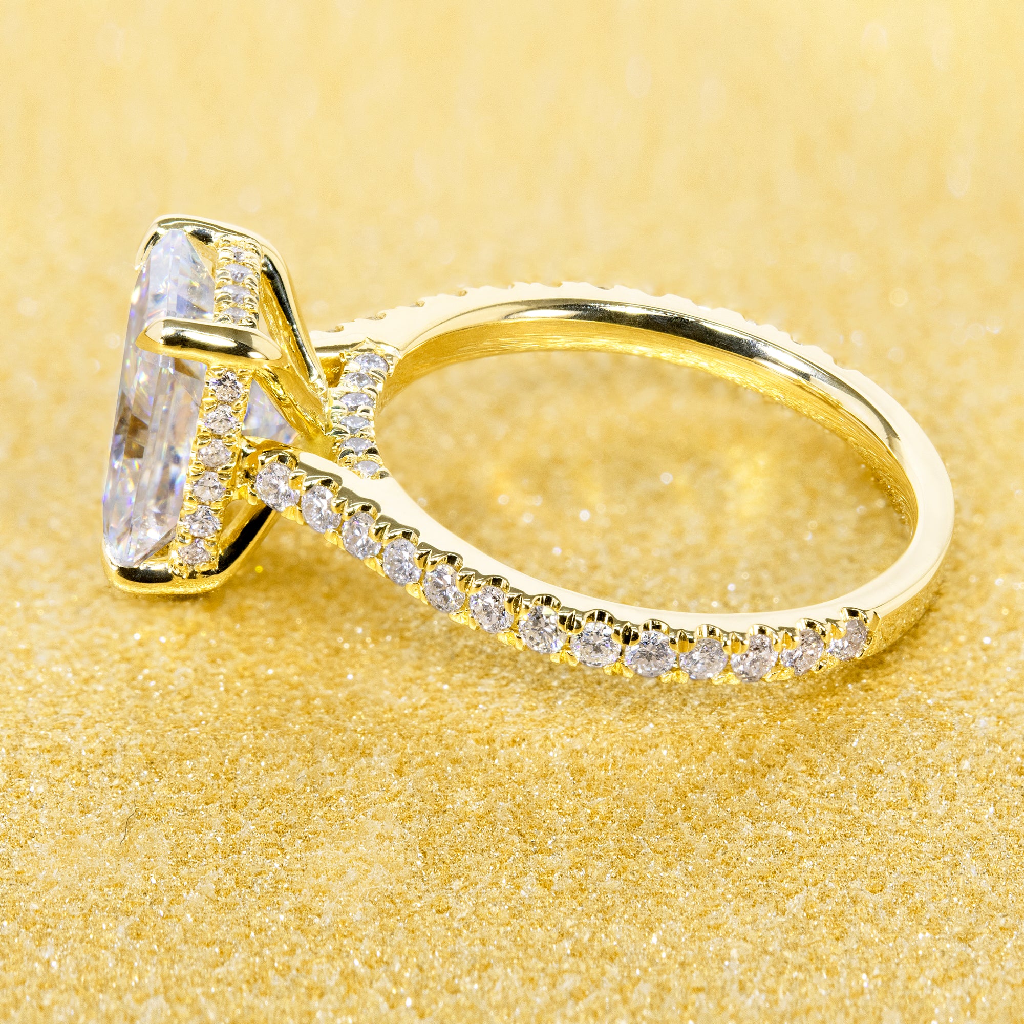 Classic Emilia 2.7ct Radiant-cut Moissanite Hidden Halo Diamond Bridge Cathedral Style Engagement ring in 14K Gold, 18K Gold, or Platinum handcrafted in Beverly Hills by Earthena Jewelry.
