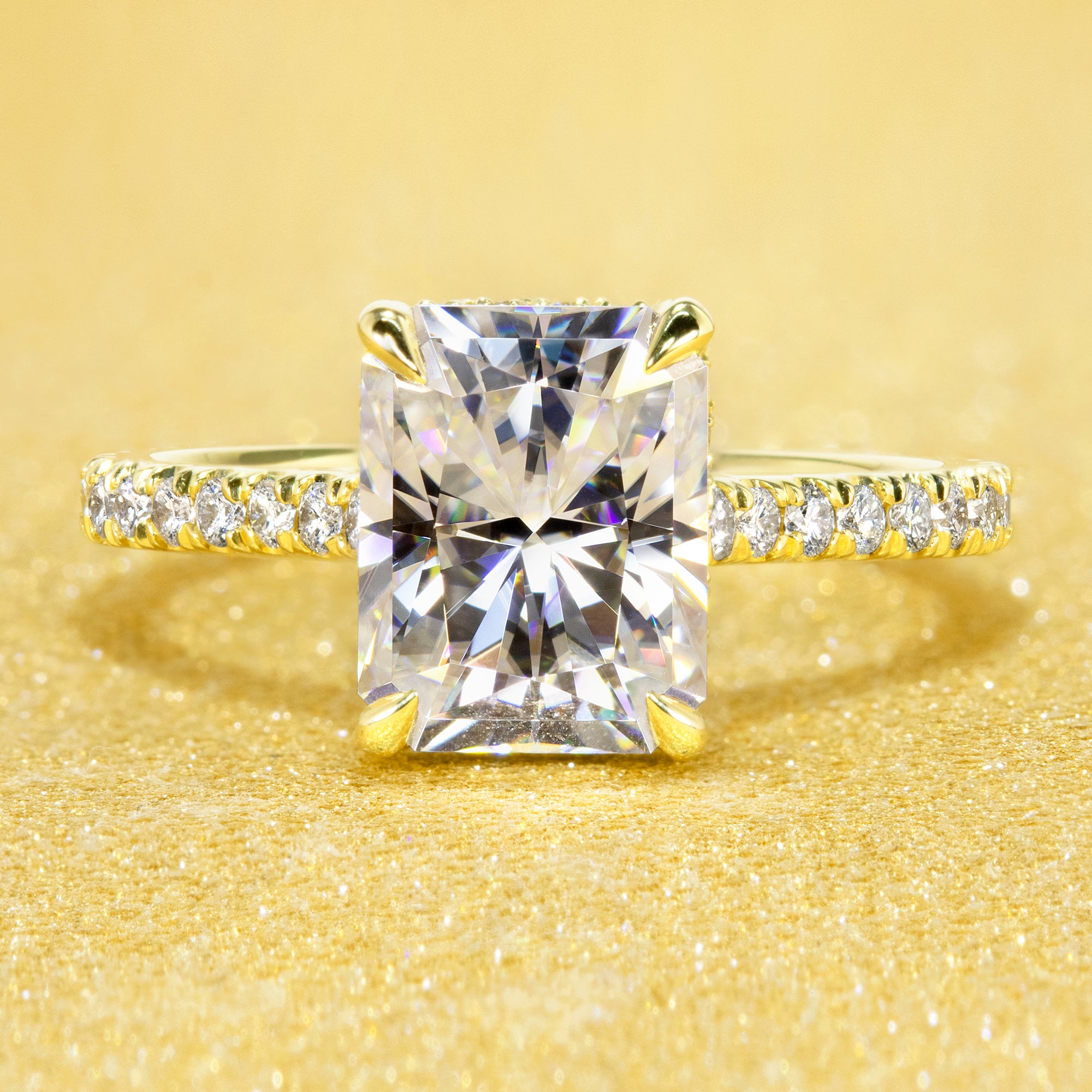 Classic Emilia 2.7ct Radiant-cut Moissanite Hidden Halo Diamond Bridge Cathedral Style Engagement ring in 14K Gold, 18K Gold, or Platinum handcrafted in Beverly Hills by Earthena Jewelry.