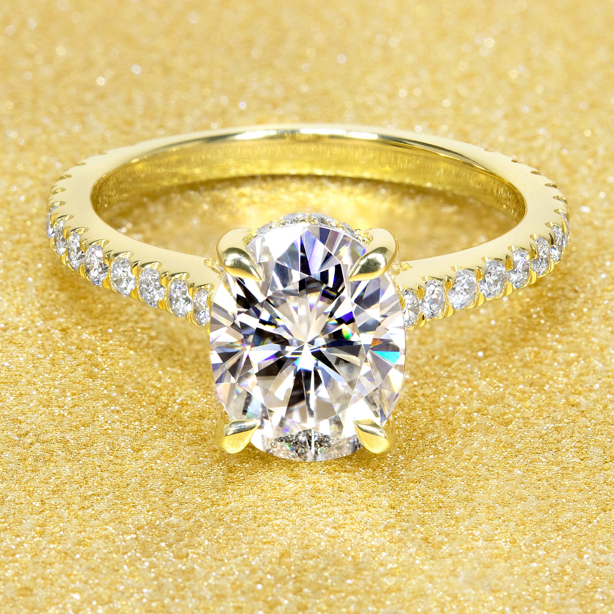 Classic Emilia 2ct Oval-cut Moissanite Hidden Halo Diamond Bridge Cathedral Style Engagement ring in 14K Gold, 18K Gold, or Platinum by Earthena Jewelry of Beverly Hills.