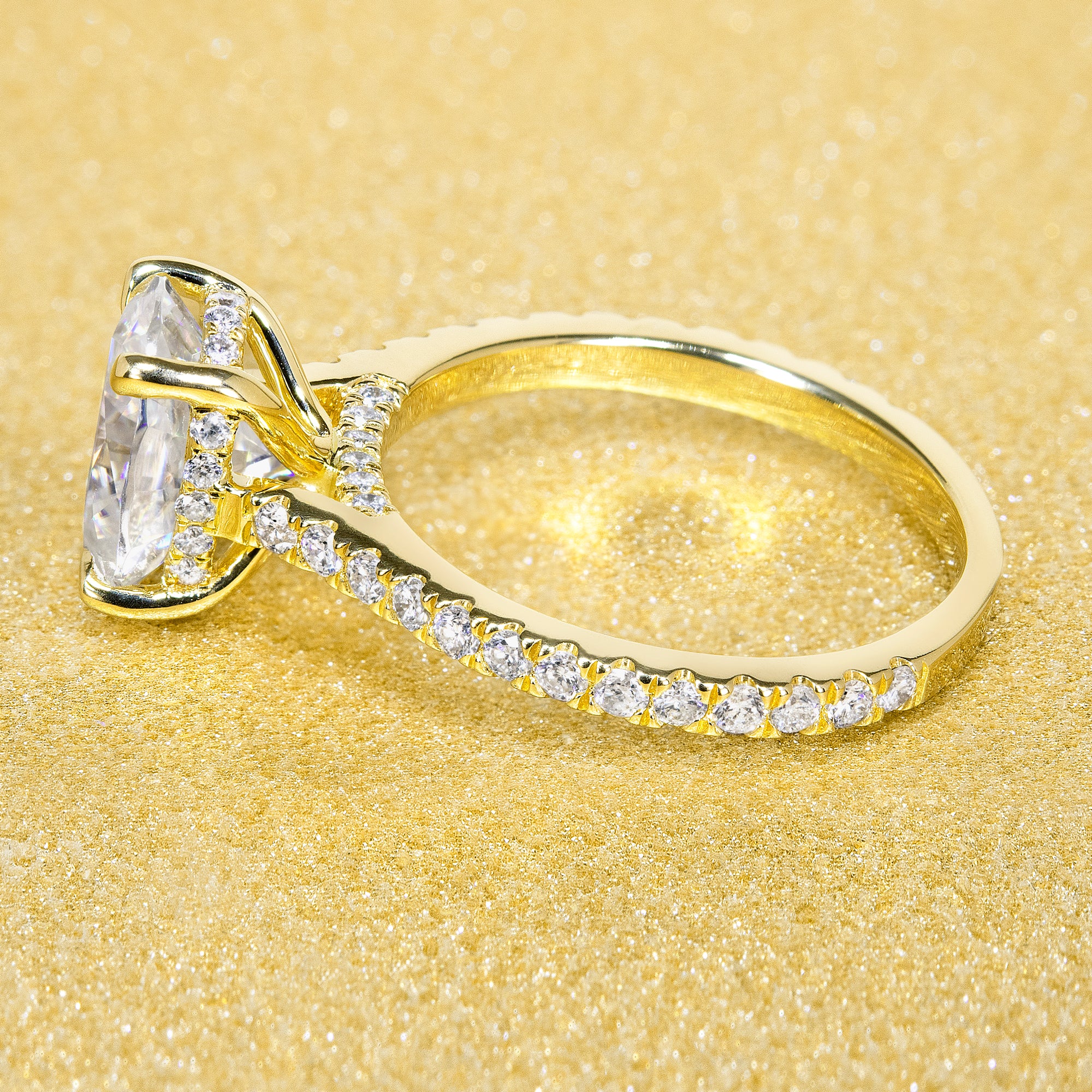 Classic Emilia 2ct Oval-cut Moissanite Hidden Halo Diamond Bridge Cathedral Style Engagement ring in 14K Gold, 18K Gold, or Platinum by Earthena Jewelry of Beverly Hills.