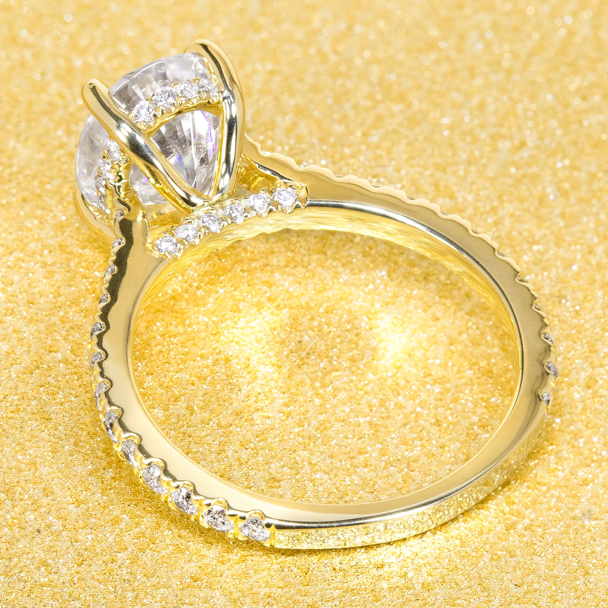 Classic Emilia 2ct Oval-cut Moissanite Hidden Halo Diamond Bridge Cathedral Style Engagement ring in 14K Gold, 18K Gold, or Platinum by Earthena Jewelry of Beverly Hills.