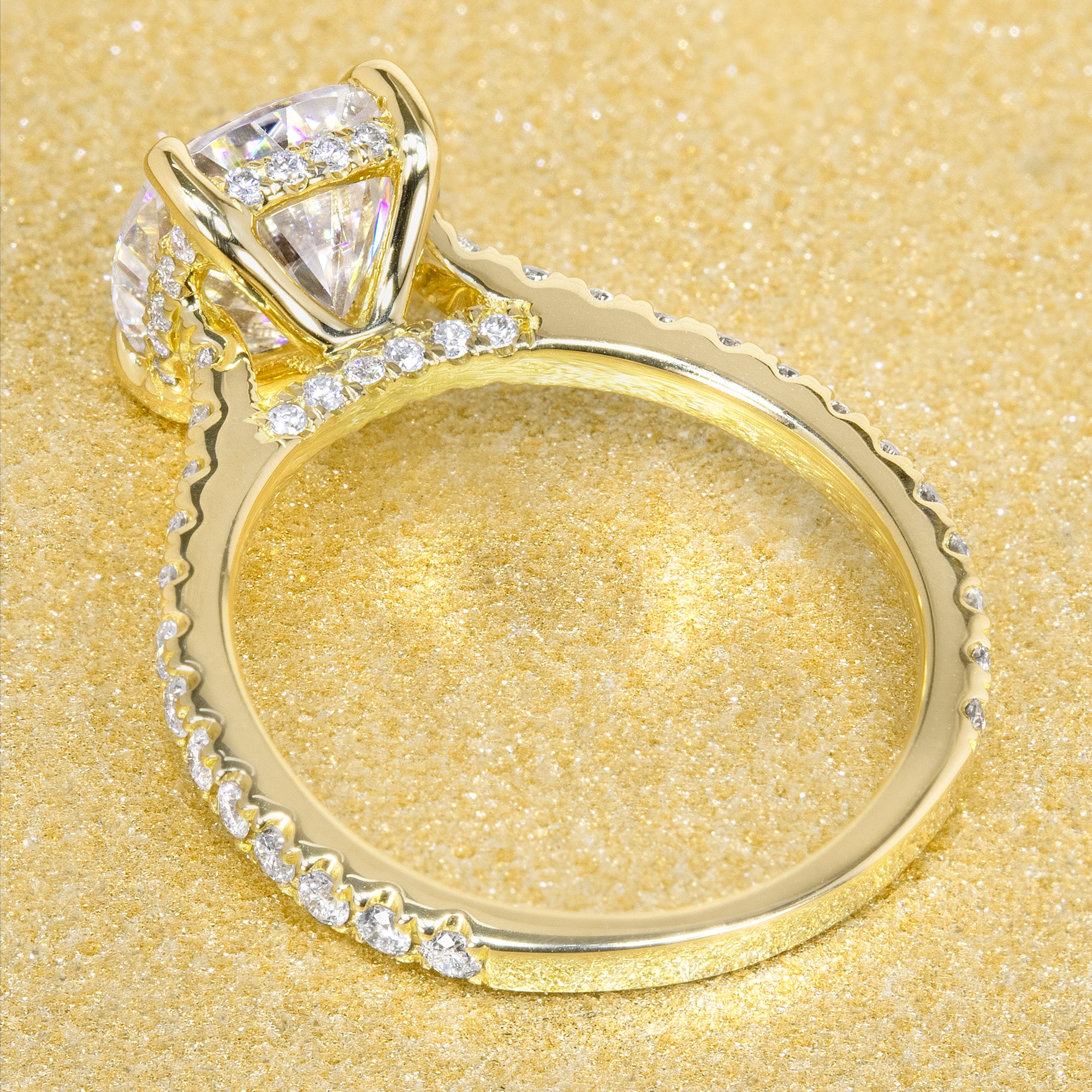 Classic Emilia 2ct Cushion-cut Moissanite Hidden Halo Diamond Bridge Cathedral Style Engagement ring in 14K Gold, 18K Gold, or Platinum by Earthena Jewelry.