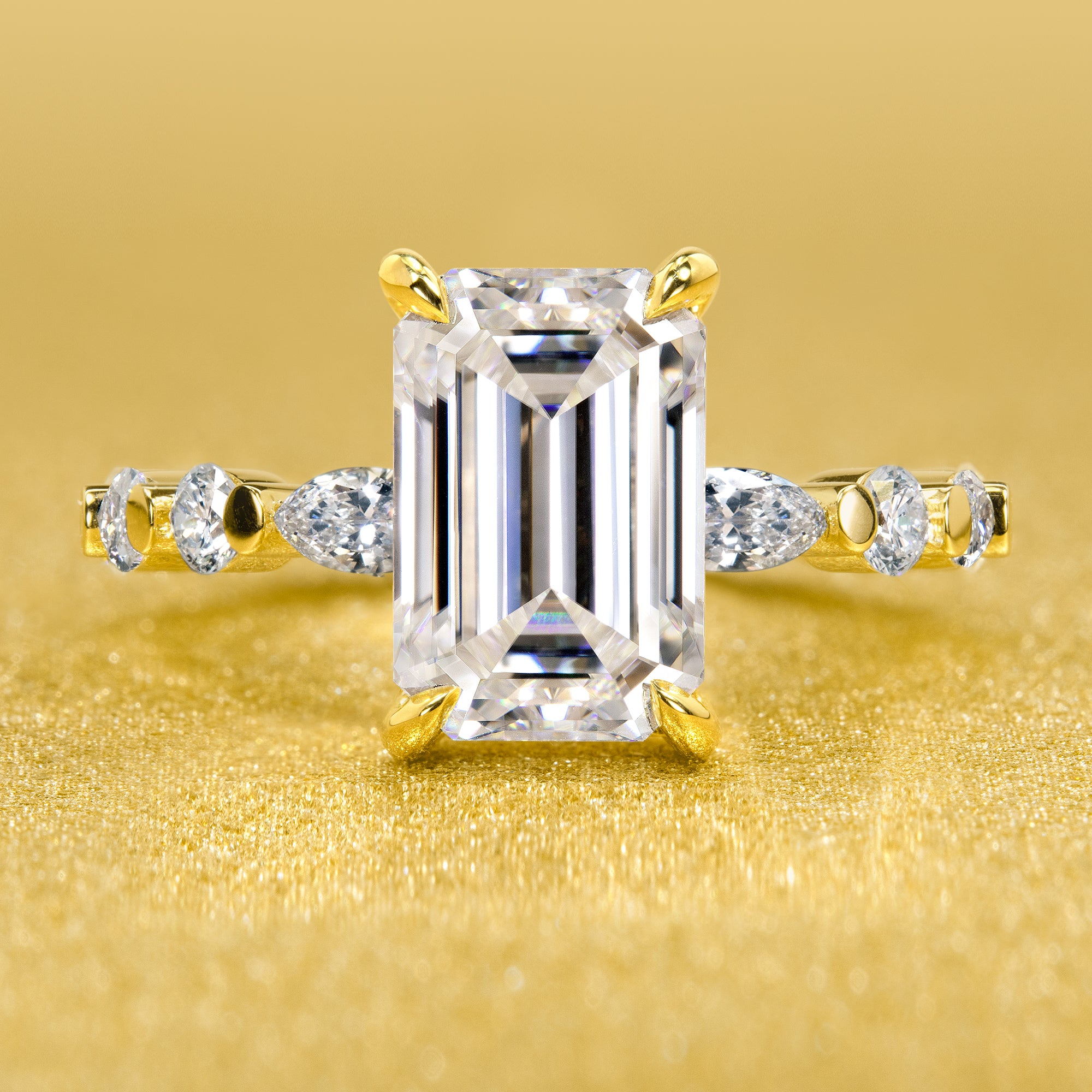 The Grace, 3ct Elongated Emerald Stepped-cut Moissanite Hidden Halo Floating Marquise and Round Lab-grown Diamond Engagement Ring by Earthena Jewelry