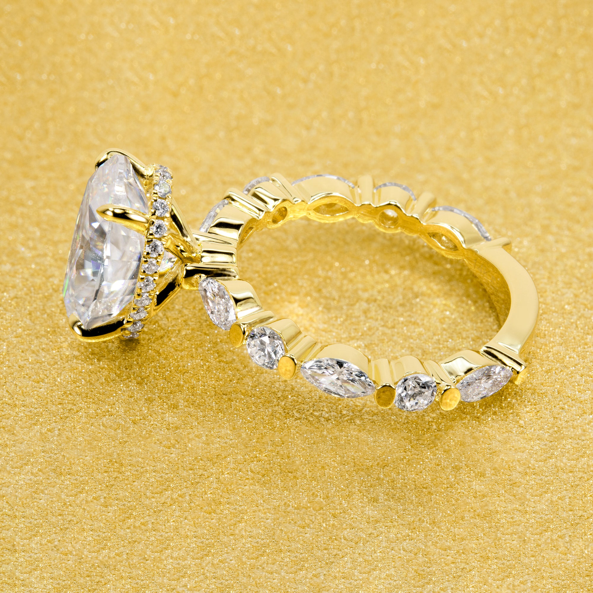 The Grace, 3ct Elongated Oval Brilliant-cut Moissanite Hidden Eternity Halo Floating Marquise and Round Lab-grown Diamond Engagement Ring by Earthena Jewelry