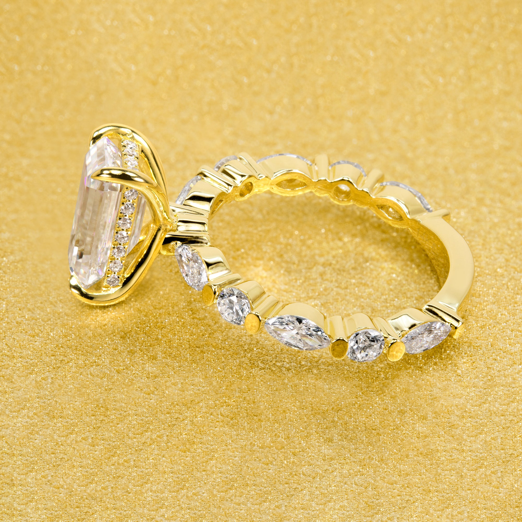 The Grace, 3ct Elongated Radiant Brilliant-cut Moissanite Hidden Halo Floating Marquise and Round Lab-grown Diamond Engagement Ring by Earthena Jewelry