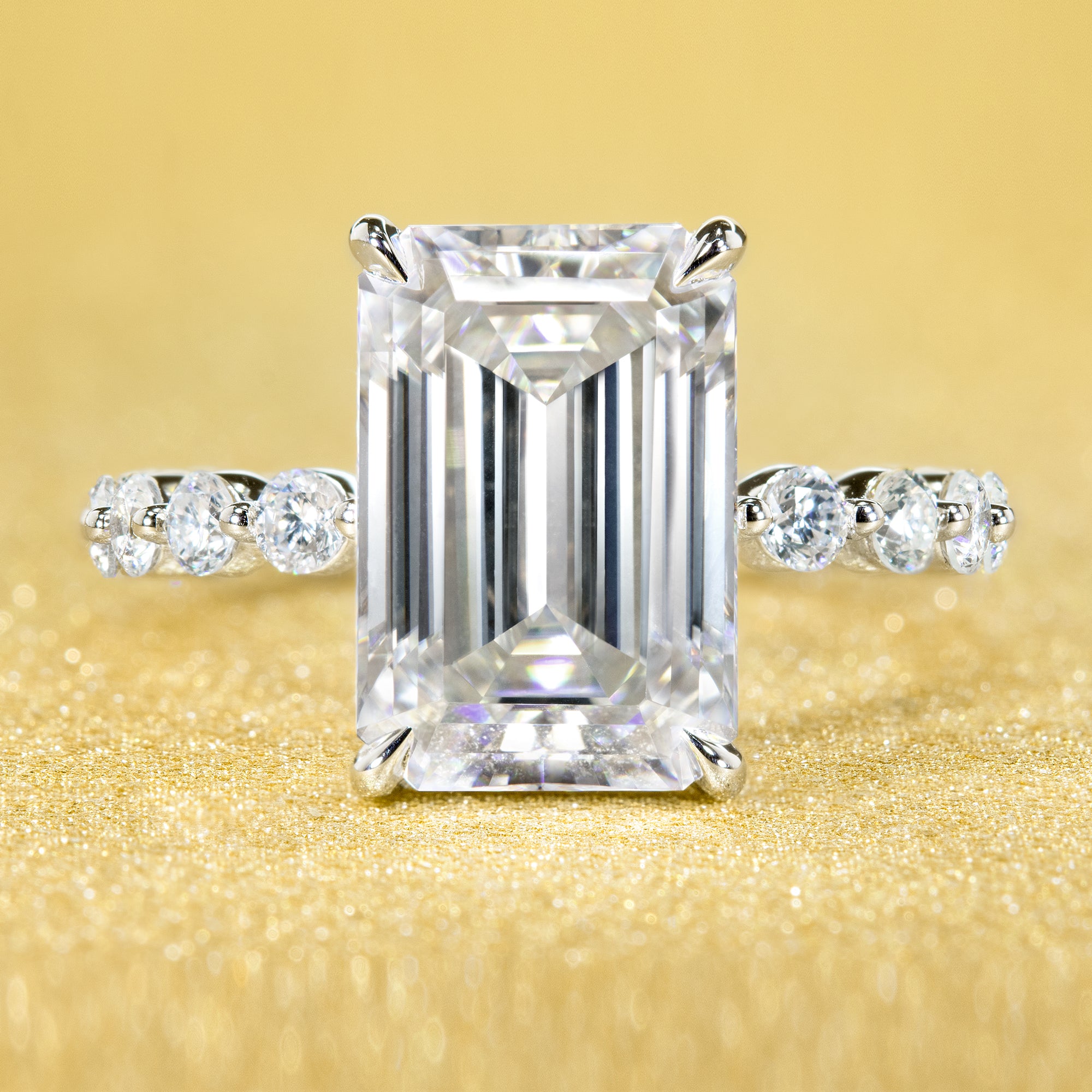 5.5ct Elongated Emerald-cut Moissanite Hidden Halo Floating bubble Lab-grown Diamond Engagement Ring by Earthena JewelryClassic Luna 5.5ct Elongated Emerald-cut Moissanite Hidden Halo Floating Lab-grown Diamond Engagement ring in 14K Gold, 18K Gold, or Platinum handcrafted in Los Angeles by Earthena Jewelry.