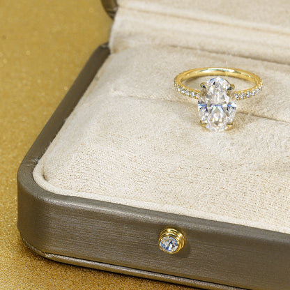 14K Gold Classic 4ct Elongated Oval-cut Hidden Halo Moissanite and Diamond Engagement Ring | Earthena Jewelry
