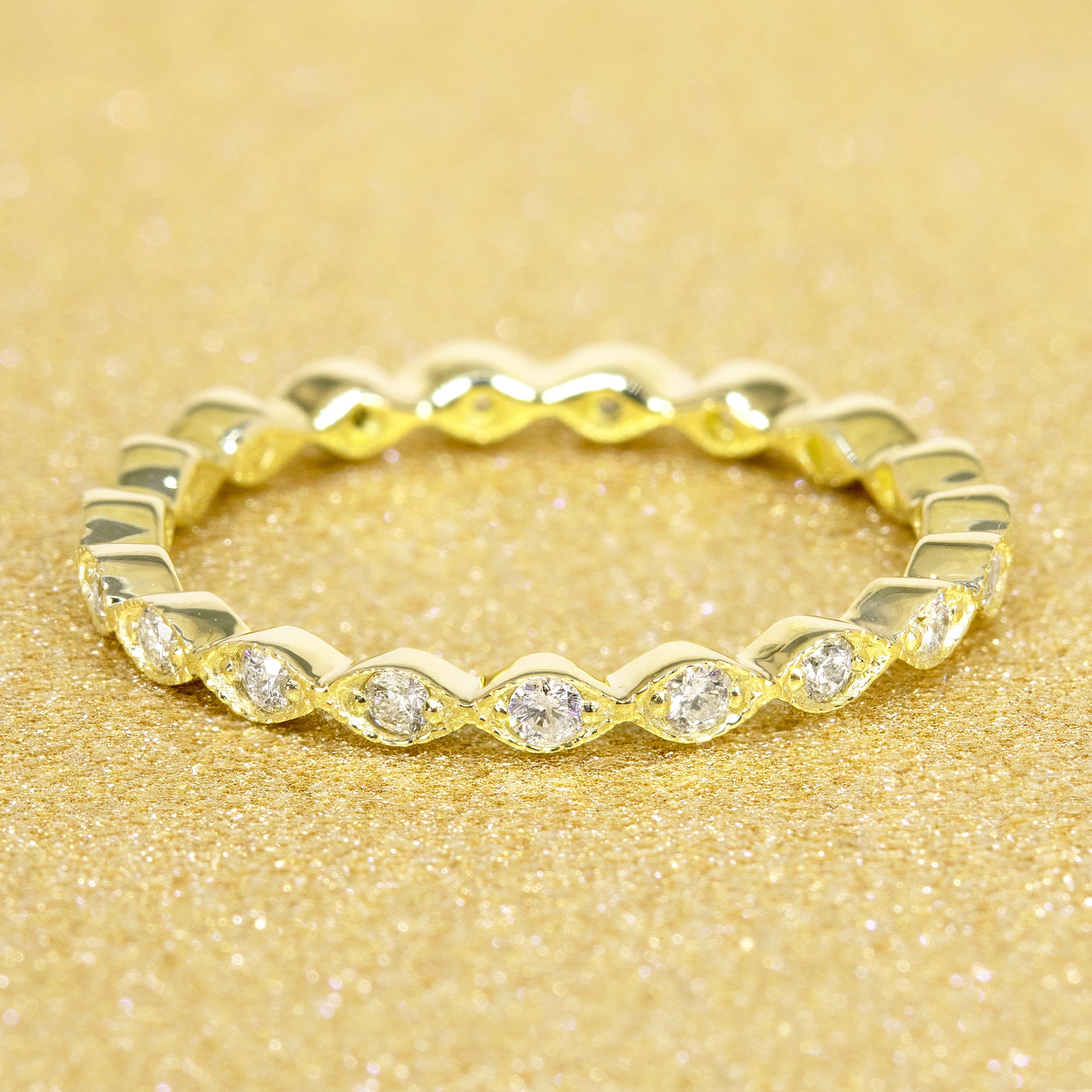 14K Gold Stackable Slim Scallop Diamond Eternity Band | Earthena Jewelry