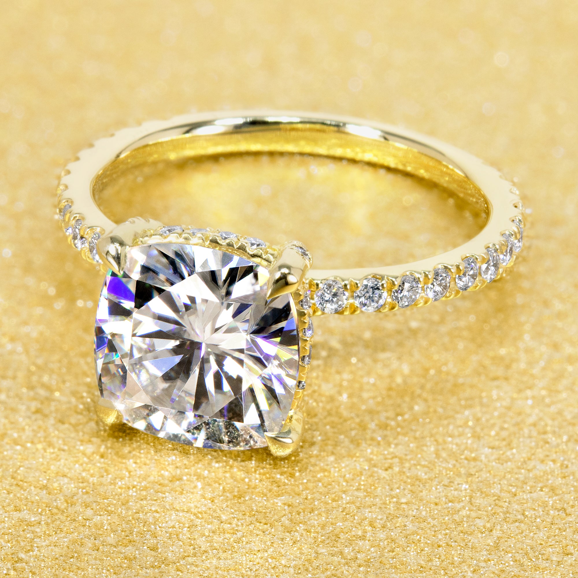 14K Gold 2.75ct Square Cushion-cut Classic-Modern Hidden Wrap Halo Moissanite and Diamond Engagement Ring | Earthena Jewelry