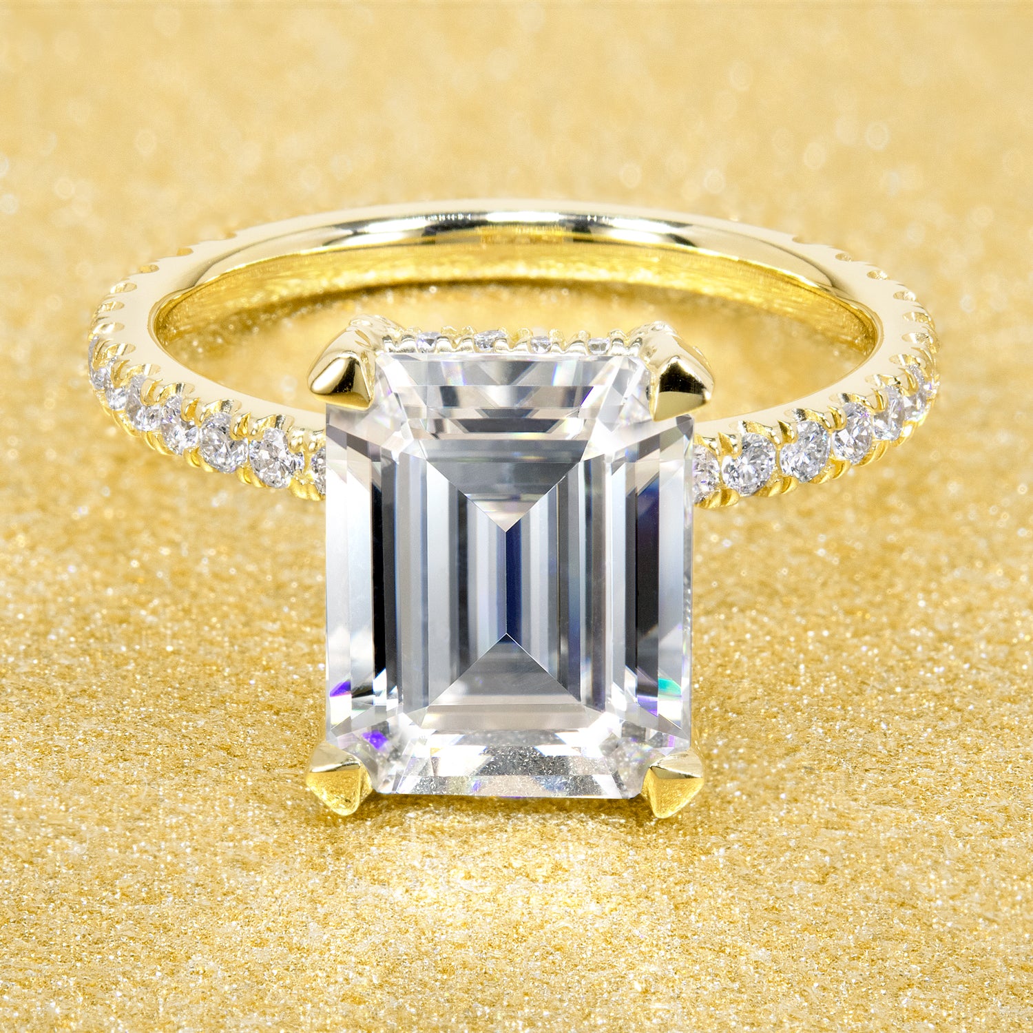 3ct Emerald-cut Classic-Modern Hidden Wrap Halo Moissanite and Diamond Engagement Ring | Earthena Jewelry