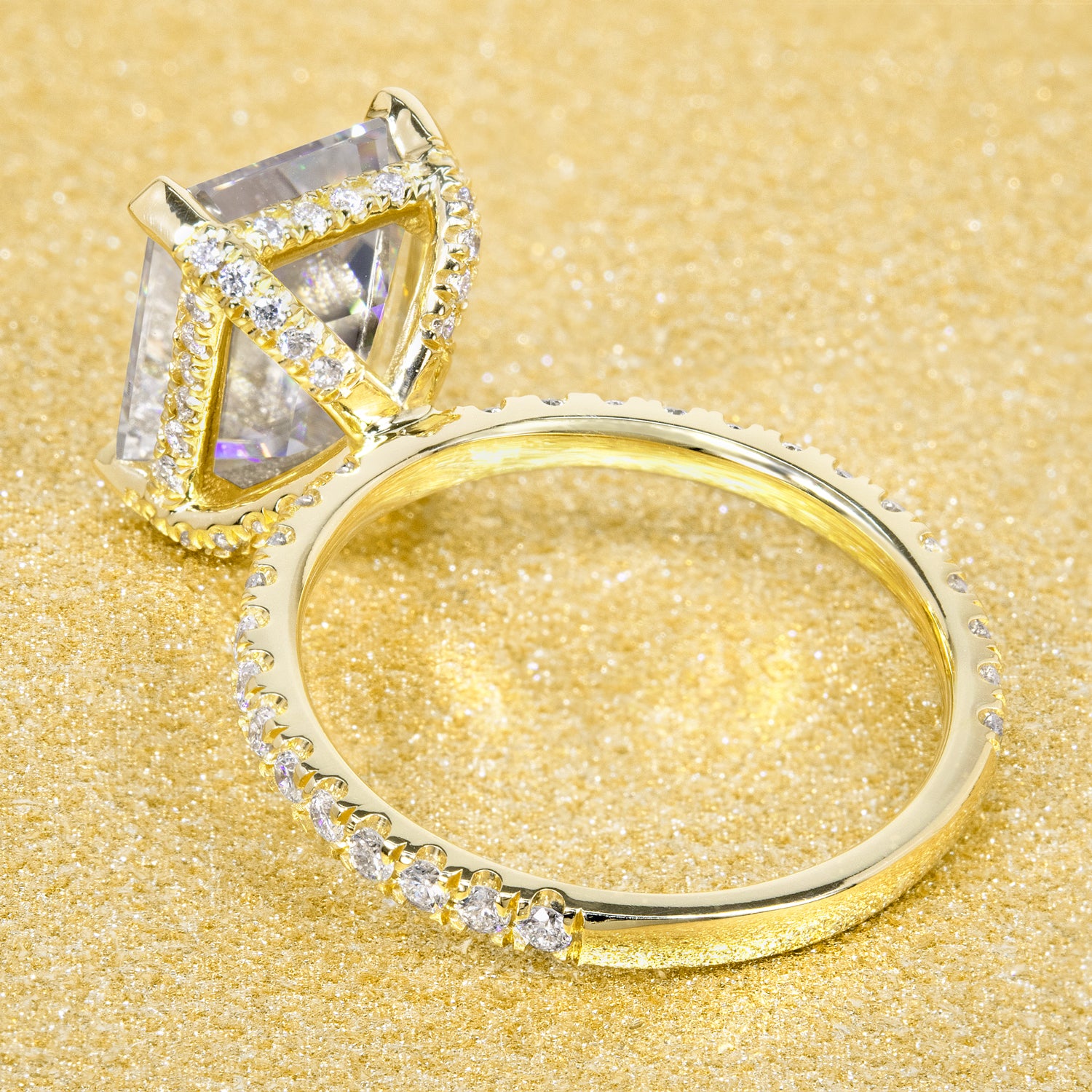 3ct Emerald-cut Classic-Modern Hidden Wrap Halo Moissanite and Diamond Engagement Ring | Earthena Jewelry