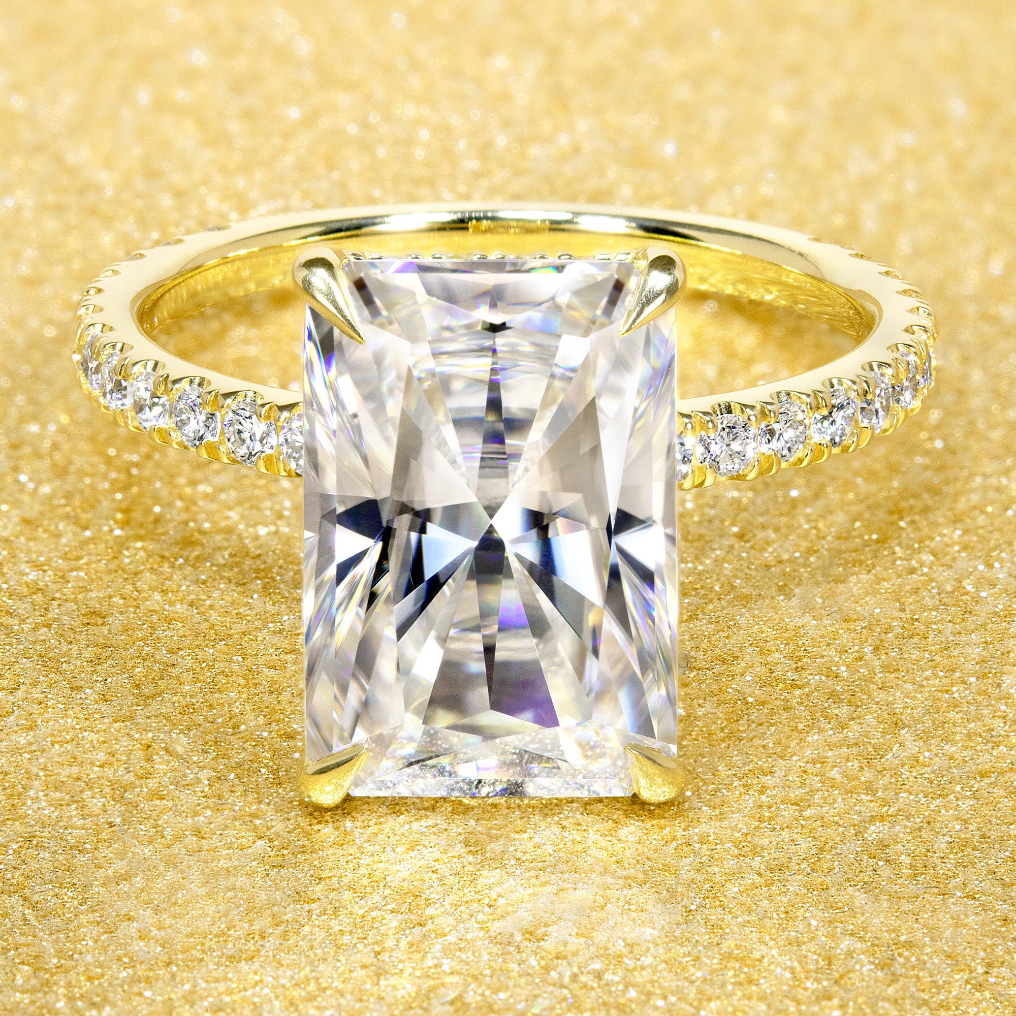 Classic Selina 4.5ct Elongated Radiant-cut Moissanite Hidden Halo Lab-grown Diamond Engagement ring in 14K gold, 18K gold, or Platinum handcrafted in Los Angeles by Earthena Jewelry.