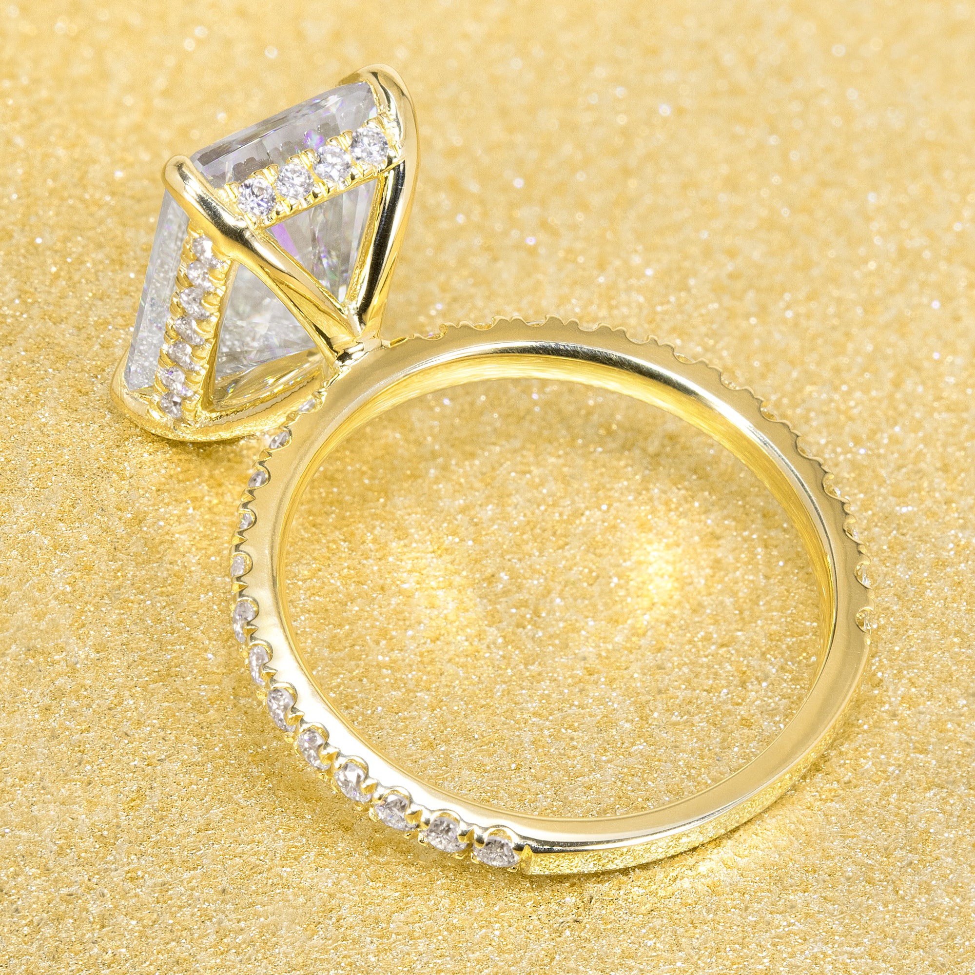 Classic Selina 4.5ct Elongated Radiant-cut Moissanite Hidden Halo Lab-grown Diamond Engagement ring in 14K gold, 18K gold, or Platinum handcrafted in Los Angeles by Earthena Jewelry.