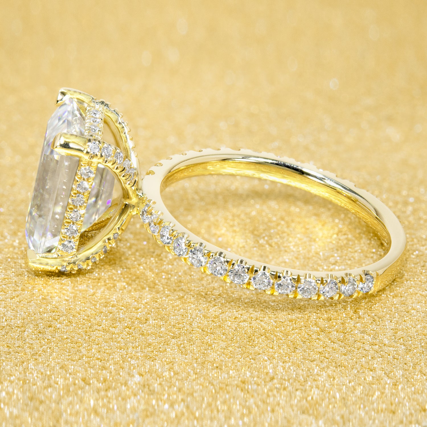 4ct Radiant-cut Classic-Modern Hidden Wrap Halo Moissanite and Diamond Engagement Ring | Earthena Jewelry