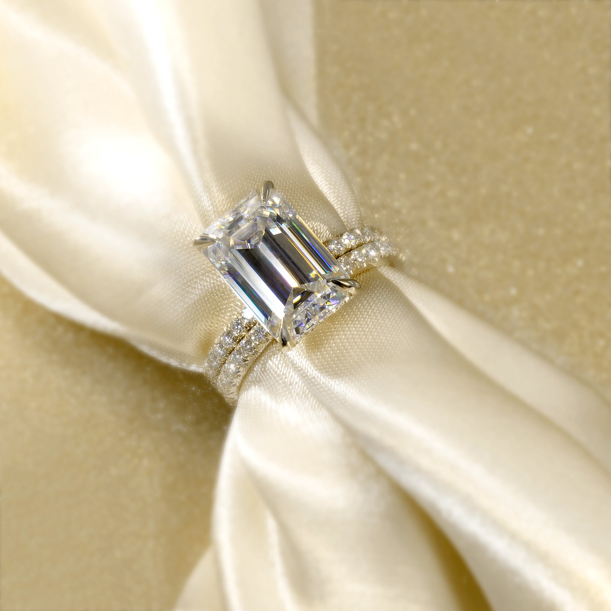 14K Gold Classic 5.5ct Elongated Emerald-cut Hidden Halo Moissanite and Diamond Engagement Ring | Earthena Jewelry