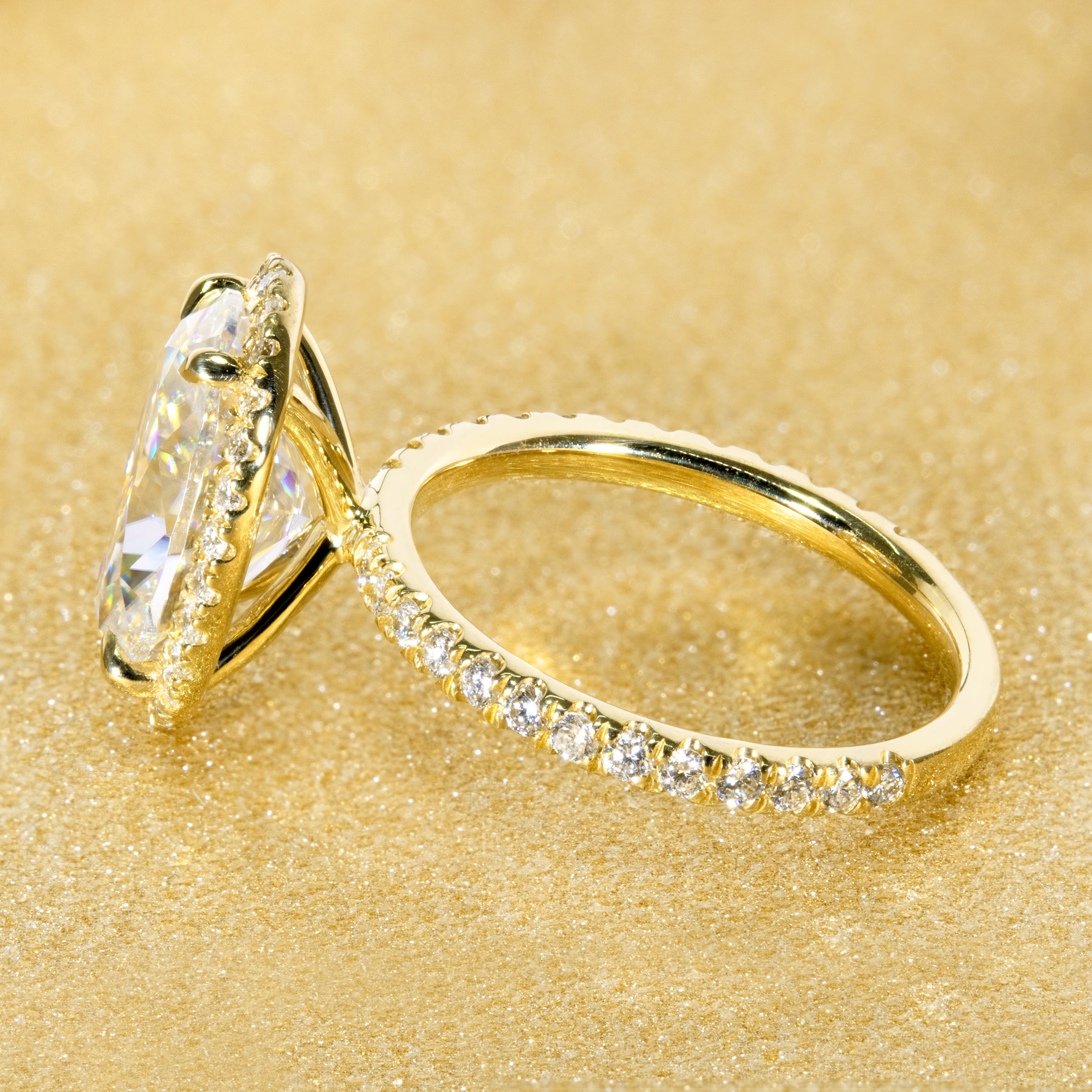 Classic Selina 4ct Elongated Oval-cut Moissanite and Lab Diamond Halo Engagement ring in 14K gold, 18K gold, or Platinum handcrafted in Los Angeles by Earthena Jewelry