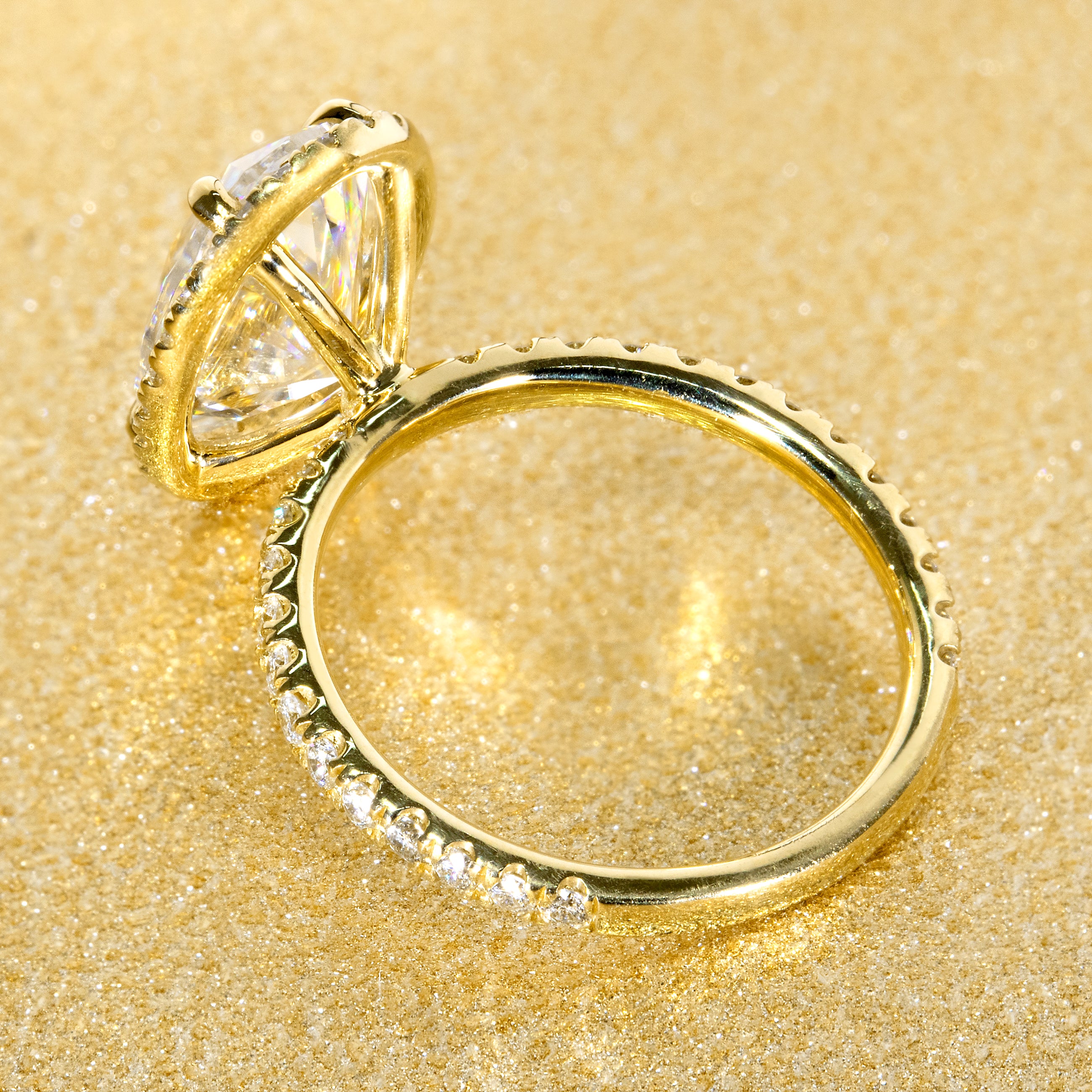 Classic Selina 4ct Elongated Oval-cut Moissanite and Lab Diamond Halo Engagement ring in 14K gold, 18K gold, or Platinum handcrafted in Los Angeles by Earthena Jewelry