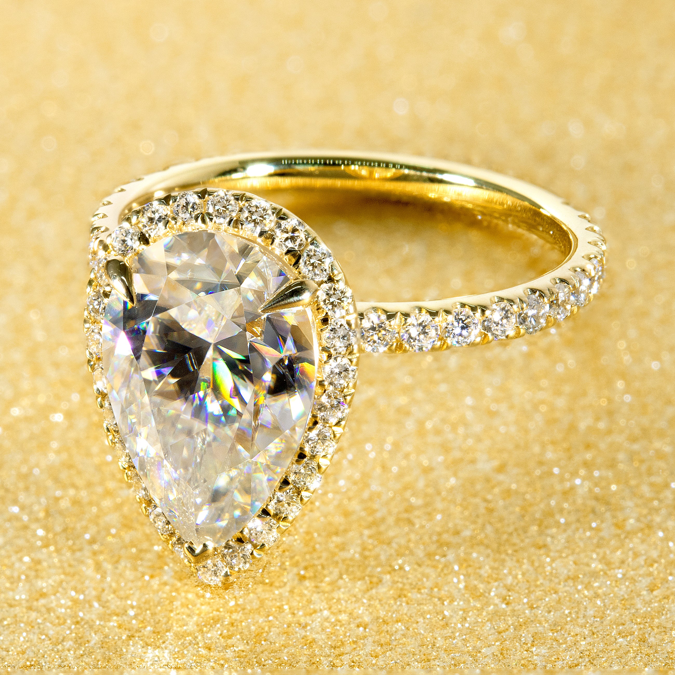 14K Gold Classic 3.5ct Elongated Pear-shaped Halo Moissanite and Diamond Engagement Ring | Earthena Jewelry