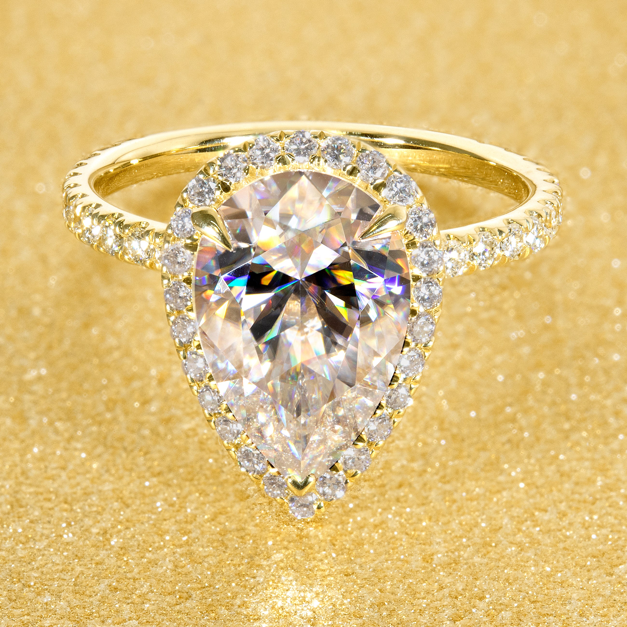 14K Gold Classic 3.5ct Elongated Pear-shaped Halo Moissanite and Diamond Engagement Ring | Earthena Jewelry