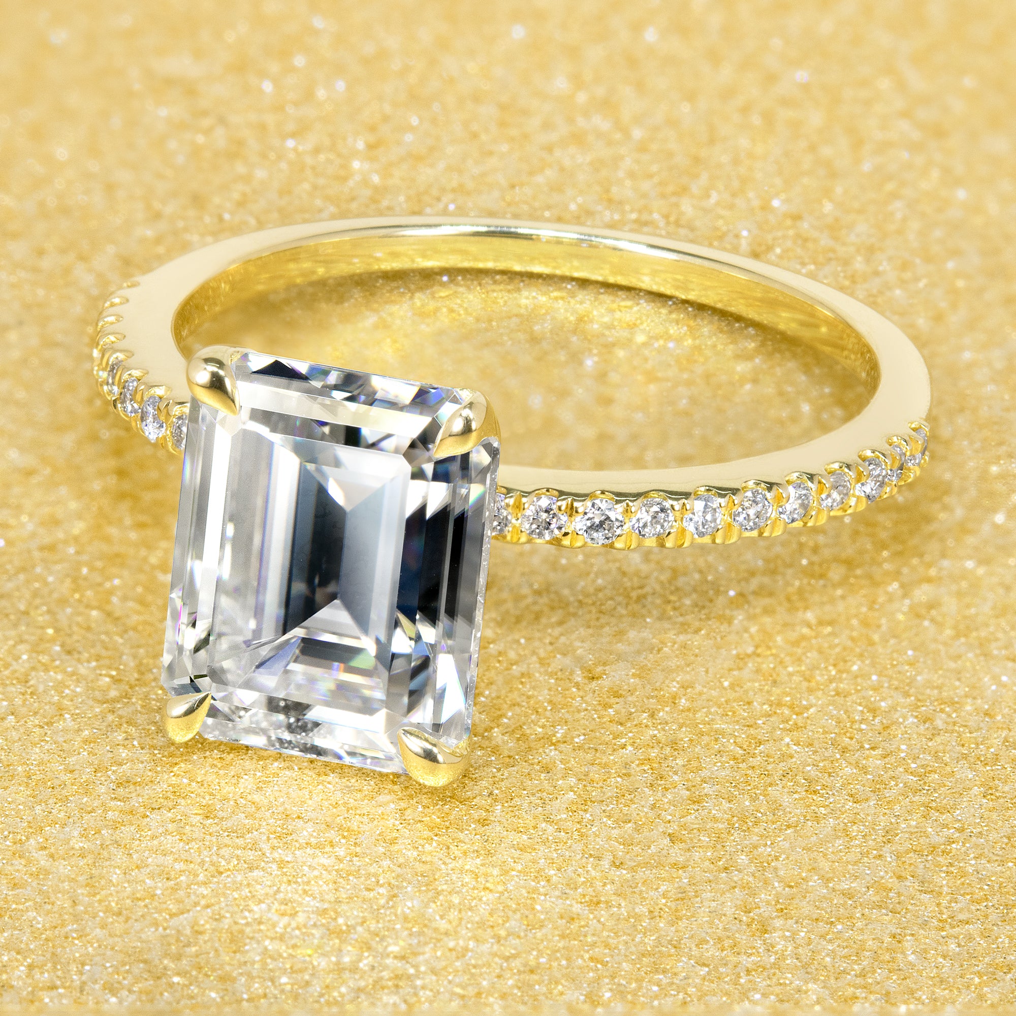 14K Gold Classic 2.5ct Emerald-cut Minimalistic Slim Basket Moissanite and Diamond Engagement Ring | Earthena Jewelry