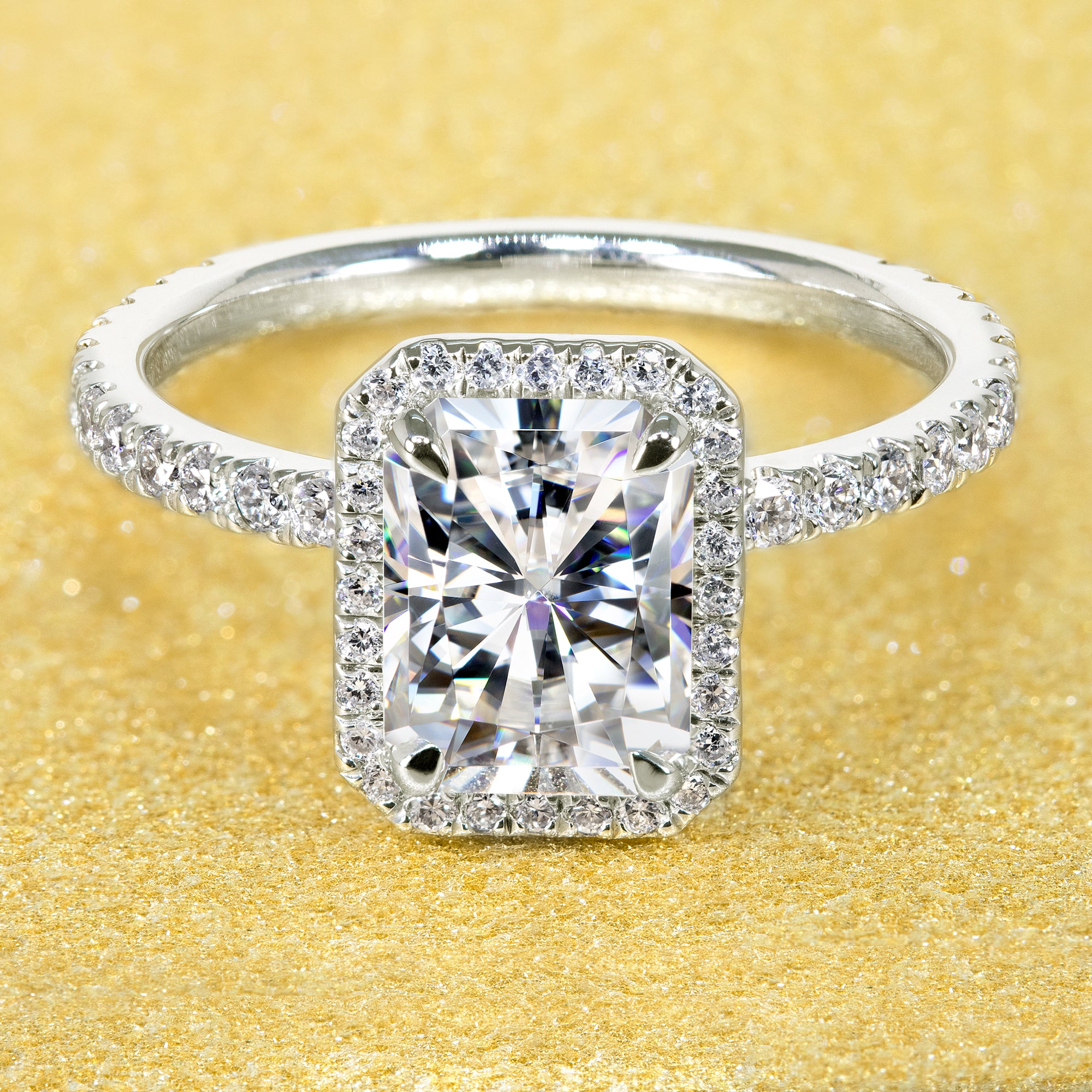 14K Gold Classic 1.8ct Radiant-cut Wrap Halo Moissanite and Diamond Engagement Ring | Earthena Jewelry