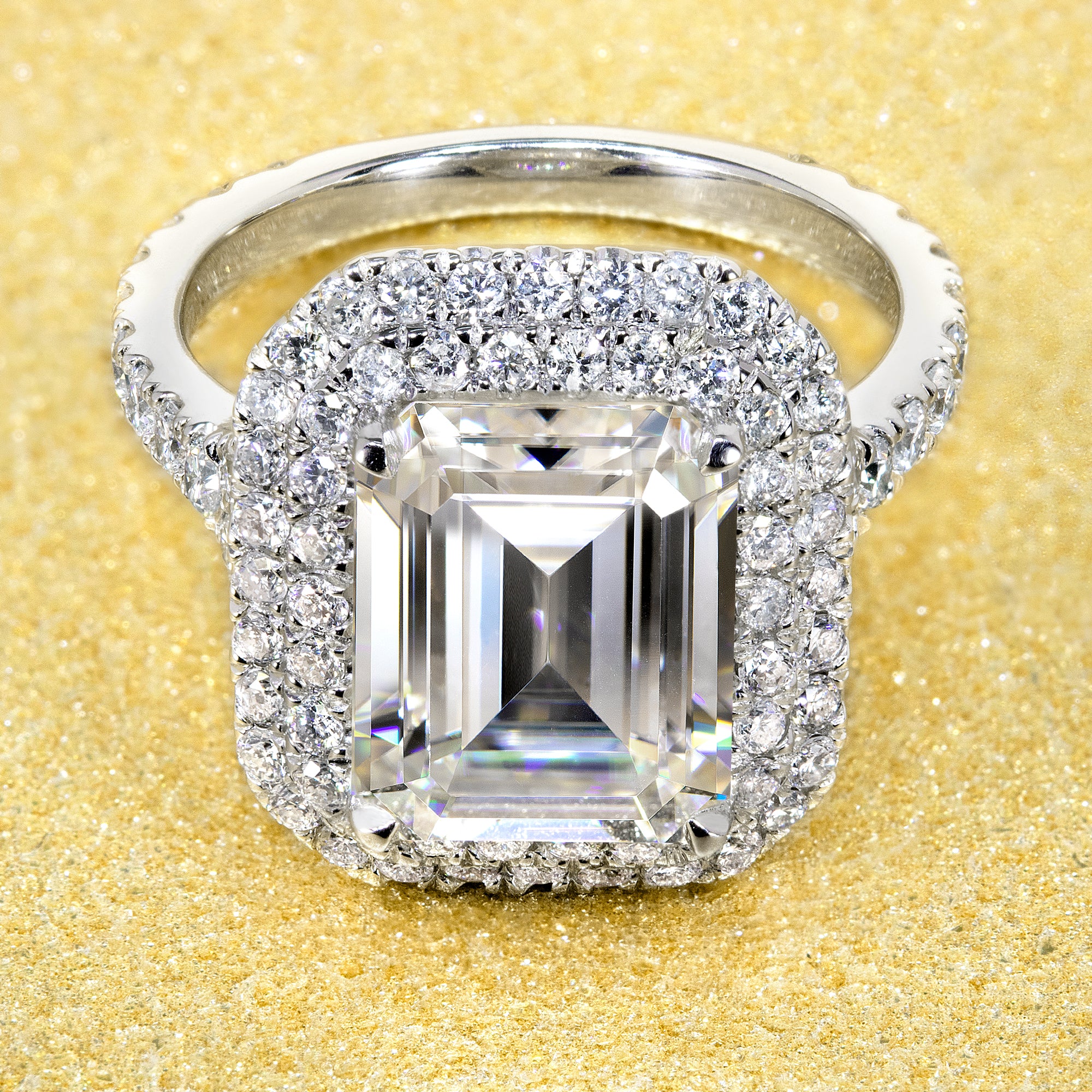 14K Gold Classic 3.5ct Emerald-cut Double Halo Moissanite and Diamond Ring | Earthena Jewelry