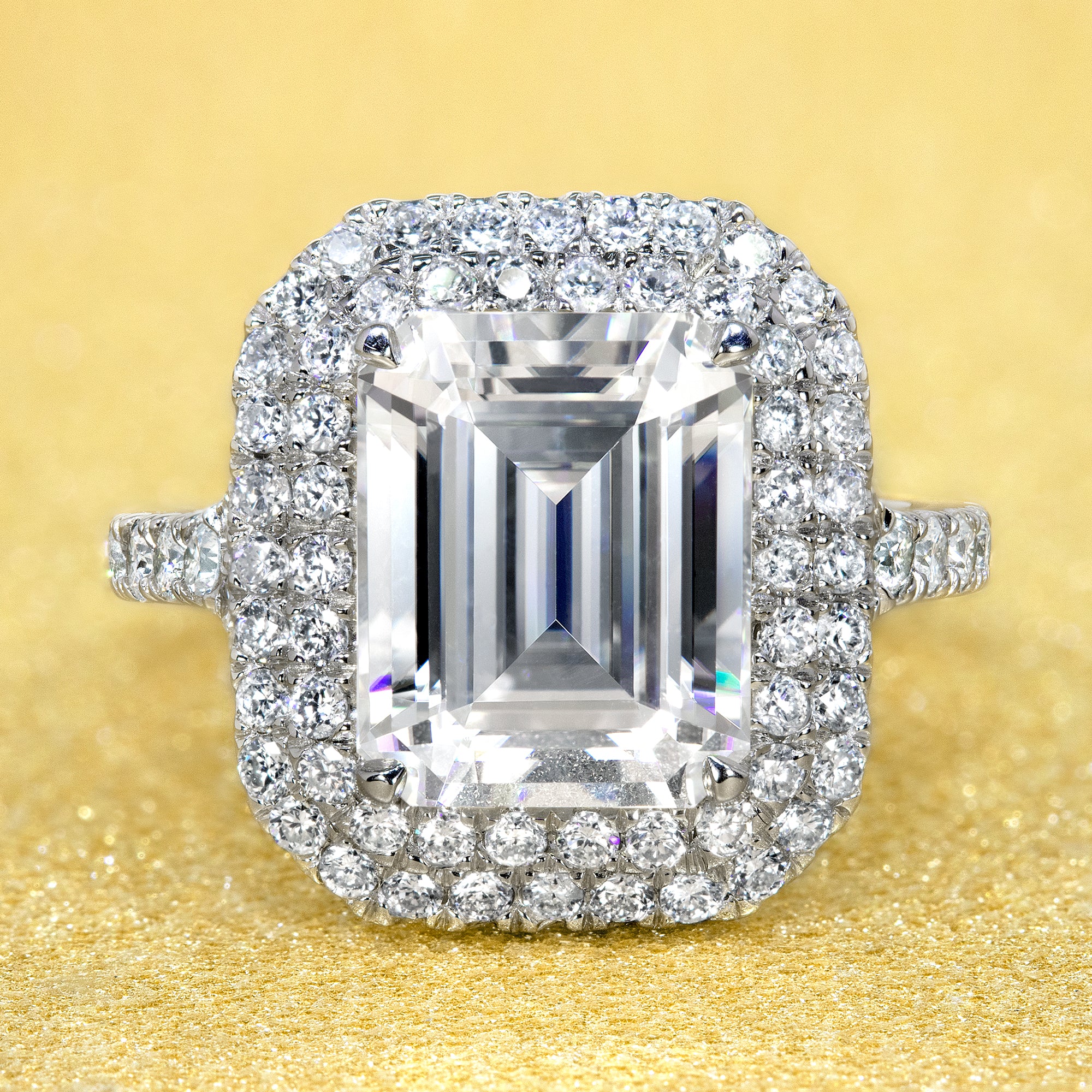 14K Gold Classic 3.5ct Emerald-cut Double Halo Moissanite and Diamond Ring | Earthena Jewelry