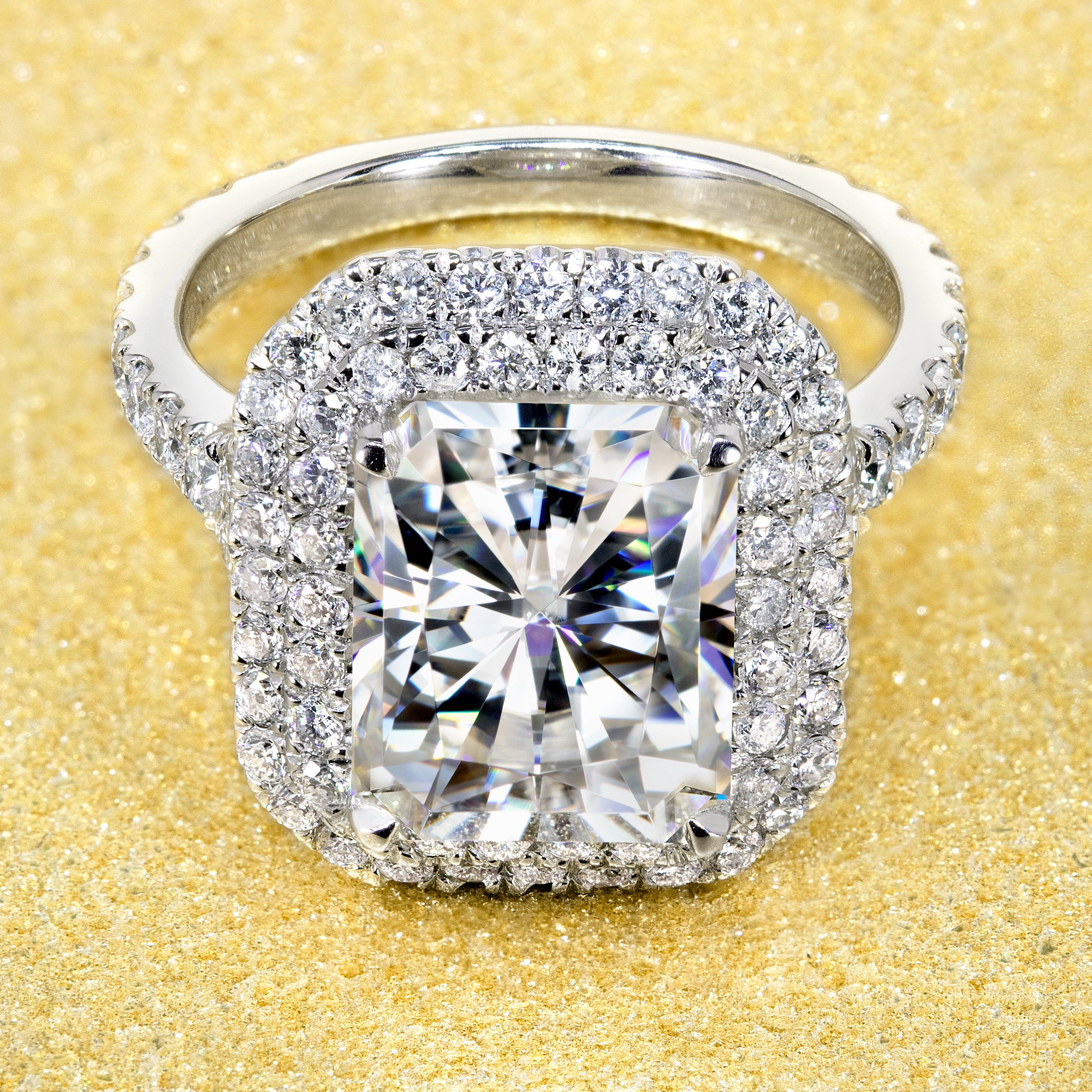 14K Gold ct Radiant-cut Double Halo Moissanite and Diamond Engagement Ring | Earthena Jewelry