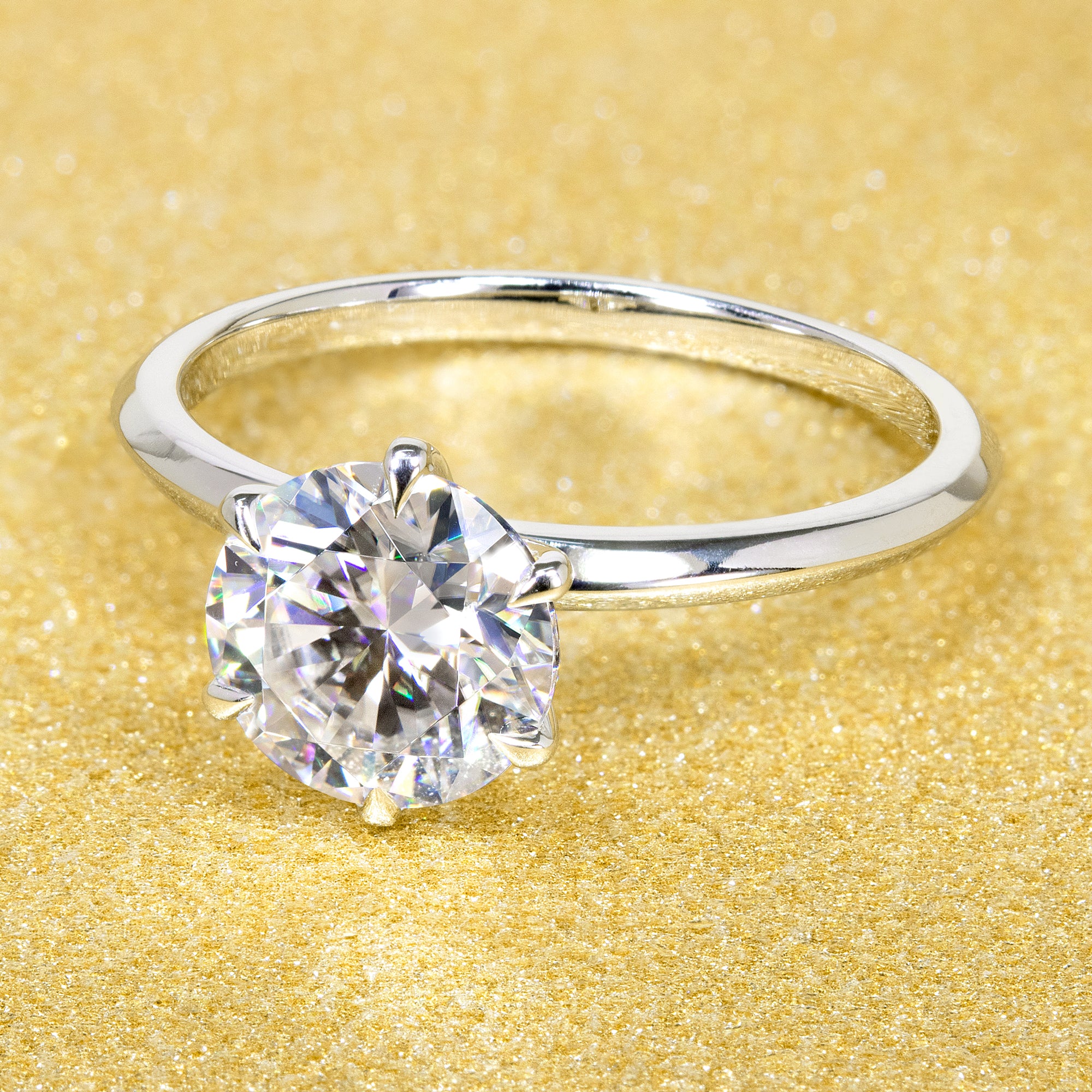 14K Gold Classic 2ct Round Brilliant-cut Classic Six-Prong Knife-Edge Moissanite Solitaire Engagement Ring | Earthena Jewelry
